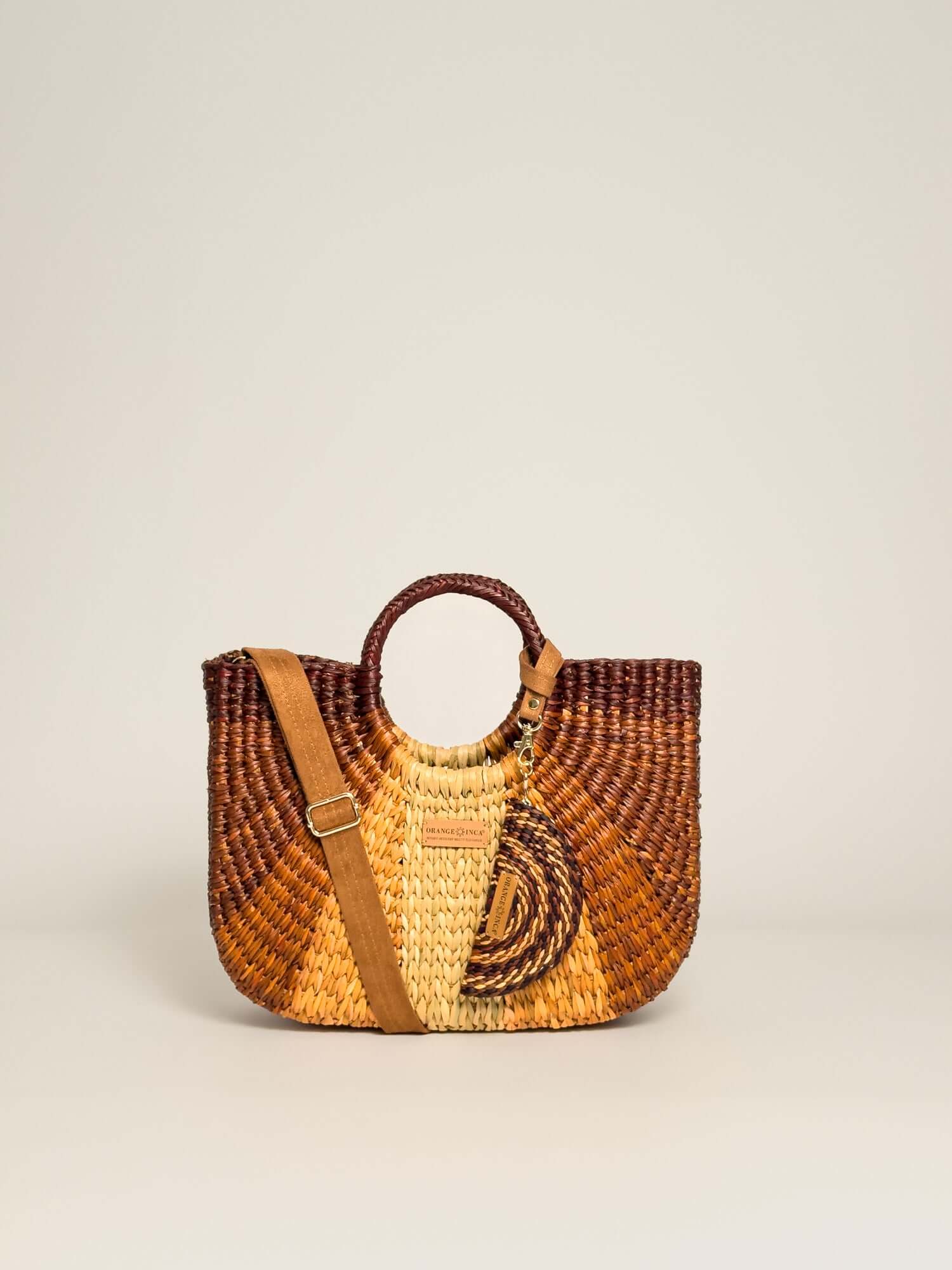 Orange Inca Handwoven straw tote with coin purse|Brown and Natural