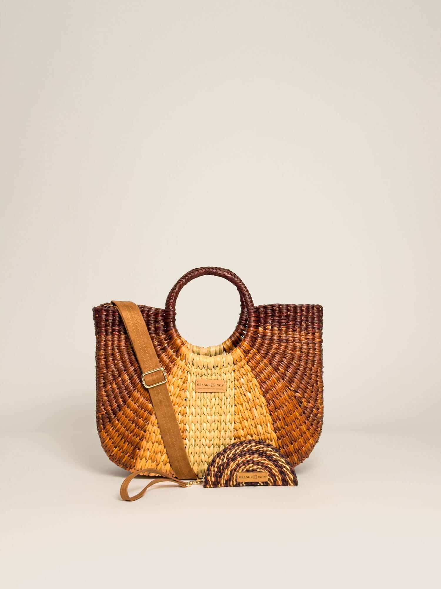 Orange Inca Gran Fiesta handwoven straw tote - sustainable luxury beach bag |Brown and Natural