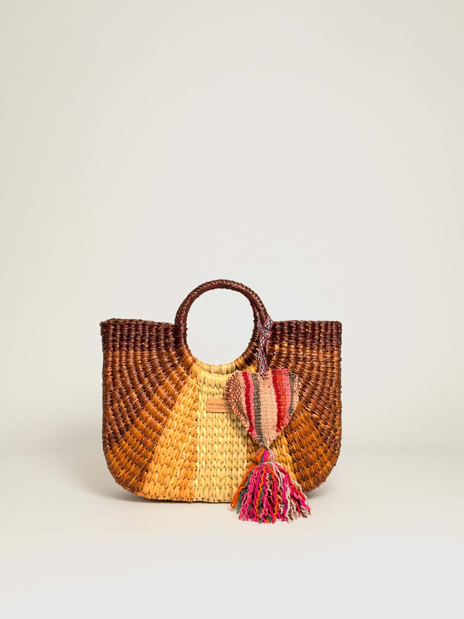 Orange Inca Gran Fiesta luxury straw tote with tassel - bohemian beach bag | Brown and Natural