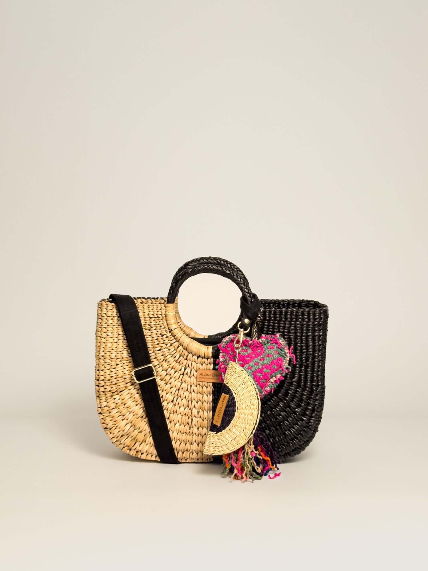 Orange Inca Handwoven straw tote with coin purse and tassel |Half Black Half Natural