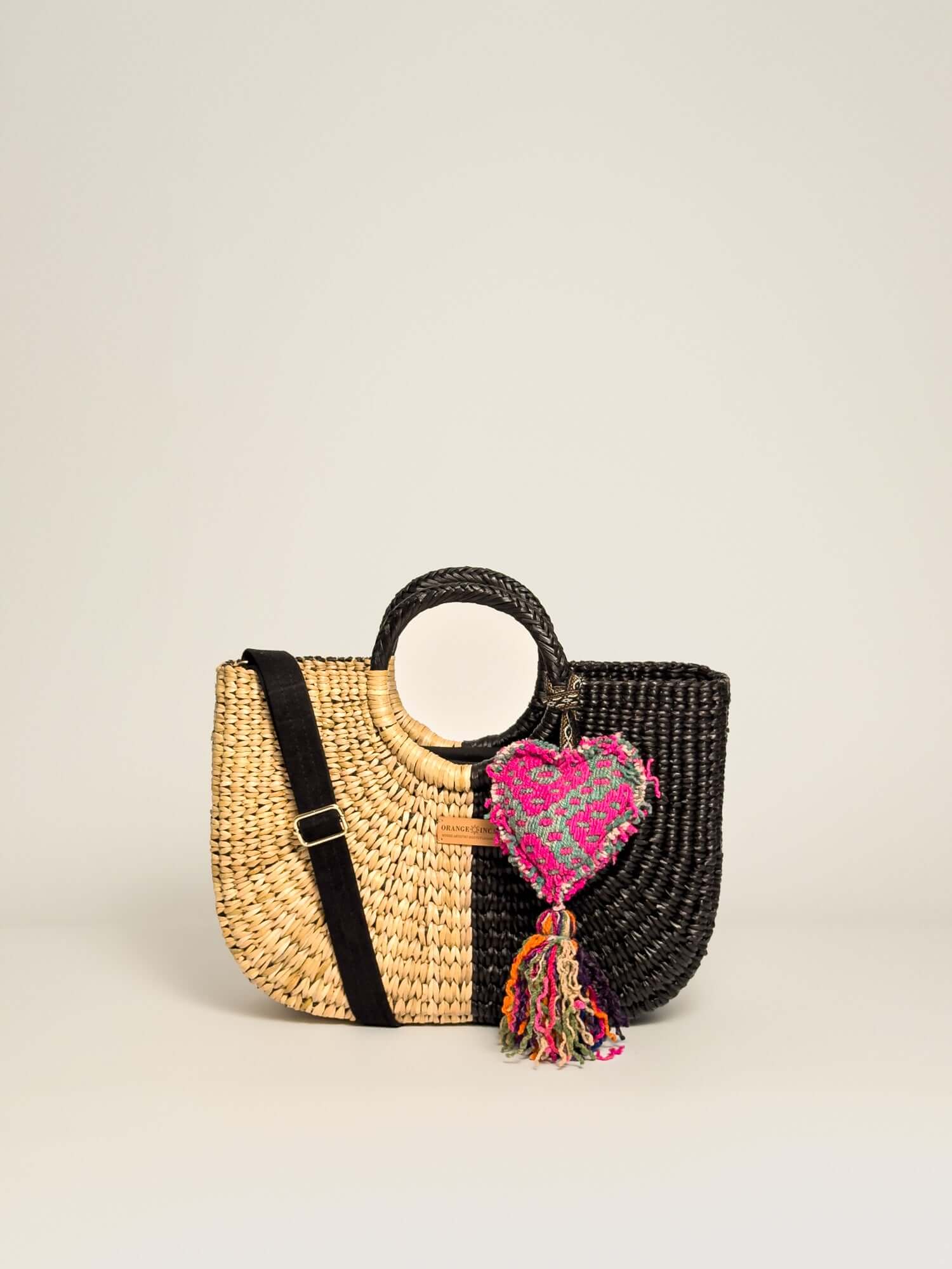 Handcrafted Gran Fiesta junco reed tote - artisanal summer bag | Half Black Half Natural