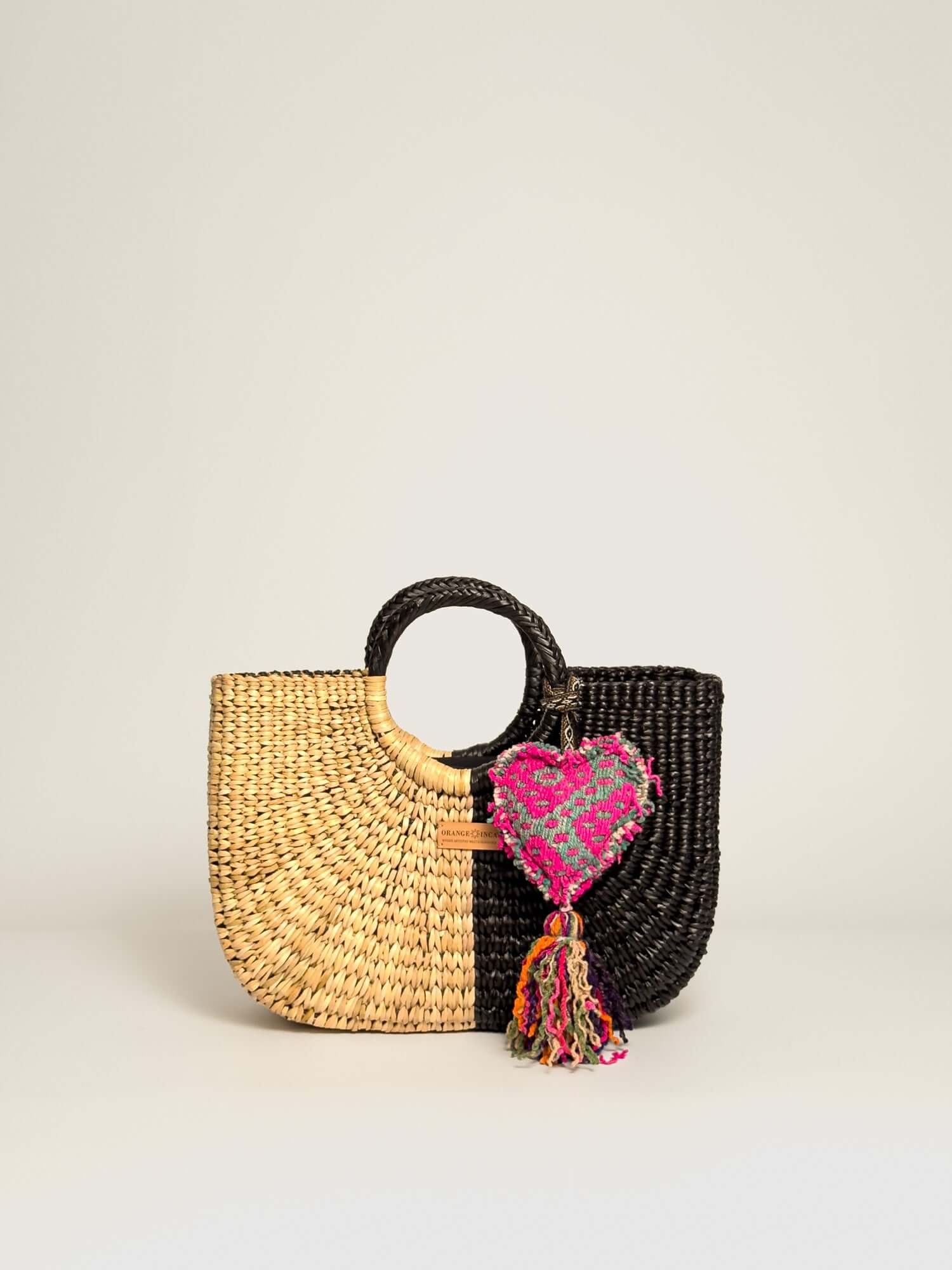 Orange Inca Gran Fiesta luxury straw tote with tassel - bohemian beach bag | Half Black Half Natural
