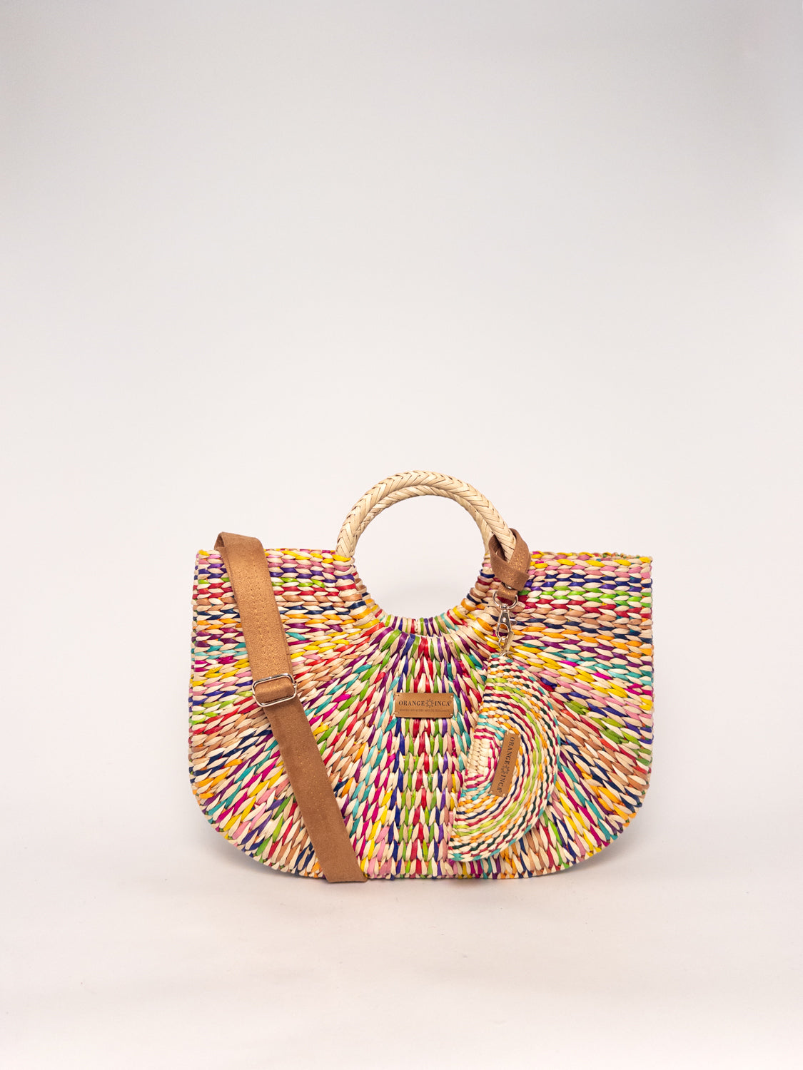 Gran Fiesta Crossbody Tote - Natural Carnival, handwoven junco tote bag, colorful, structured handbag with handles and adjustable strap.