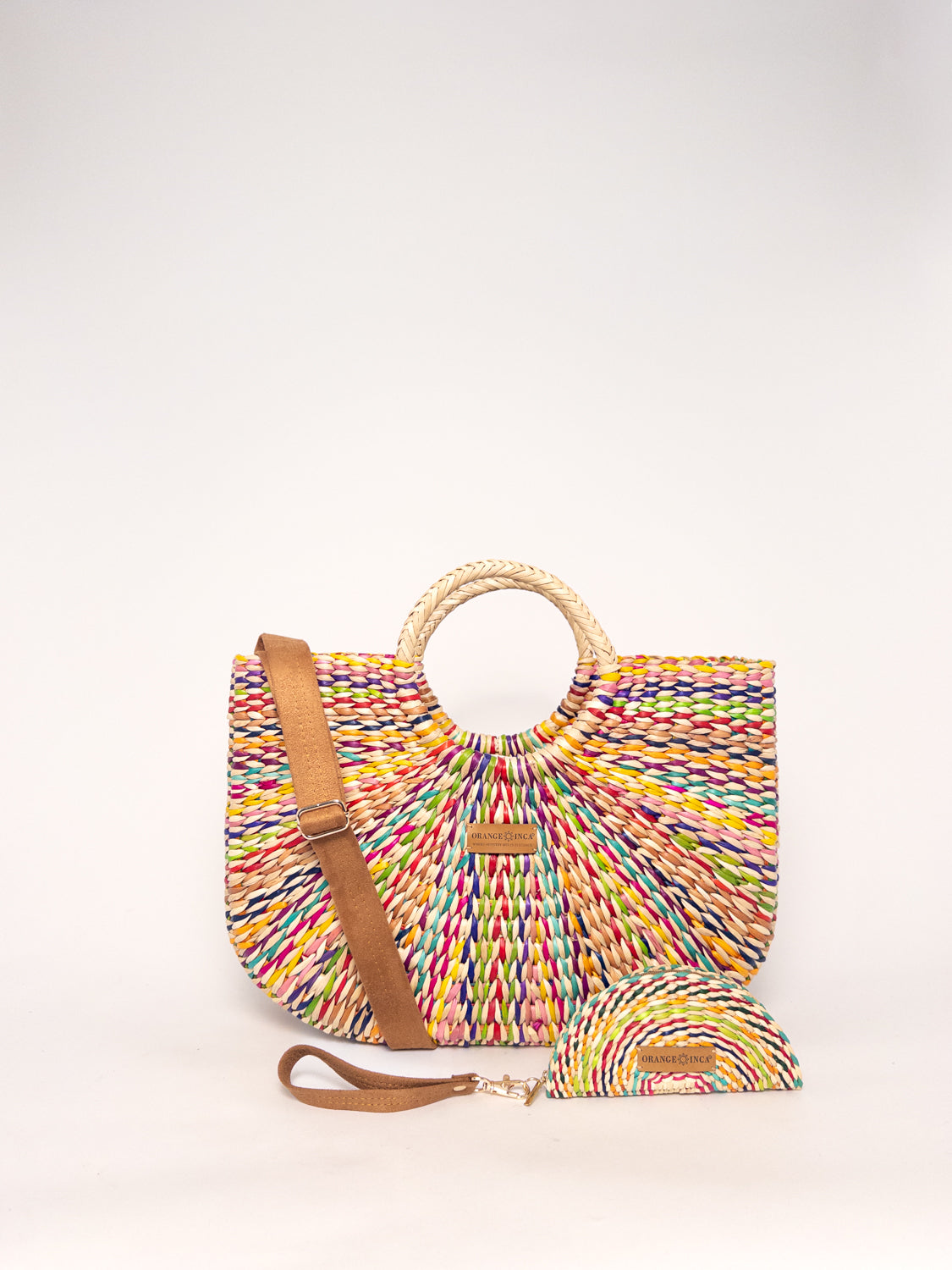 Gran Fiesta Crossbody Tote - Natural Carnival, handwoven junco tote bag, multicolor, structured handbag with handles and adjustable strap.