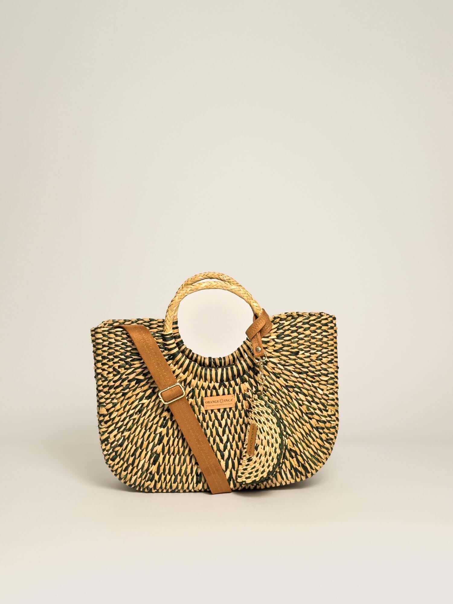 Orange Inca Handwoven straw tote with coin purse|Olive Green Marbled