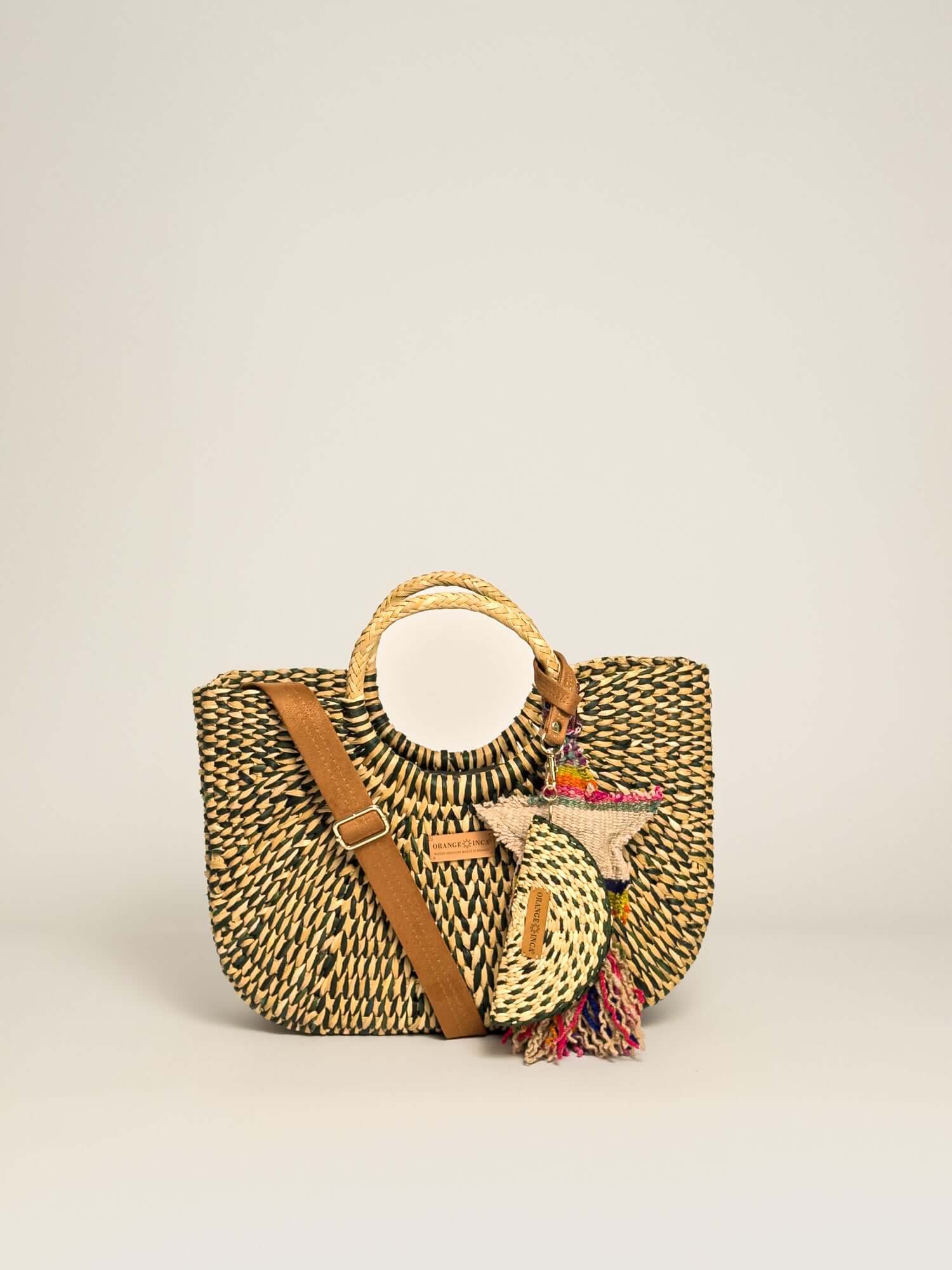 Orange Inca Handwoven straw tote with coin purse and tassel |Olive Green Marbled