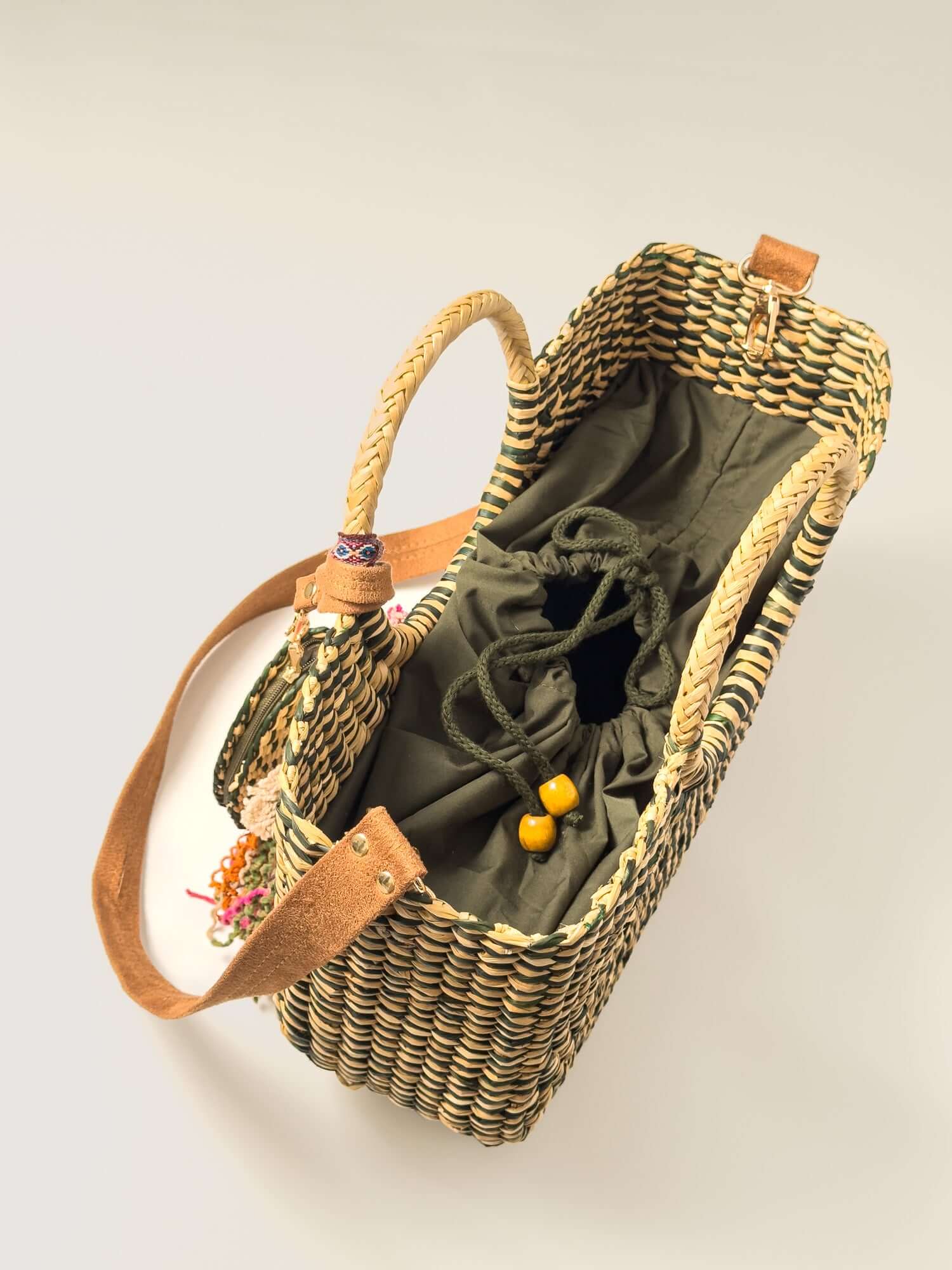 Inside Gran Fiesta reed tote with drawstring closure - designer market bag |Olive Green Marbled