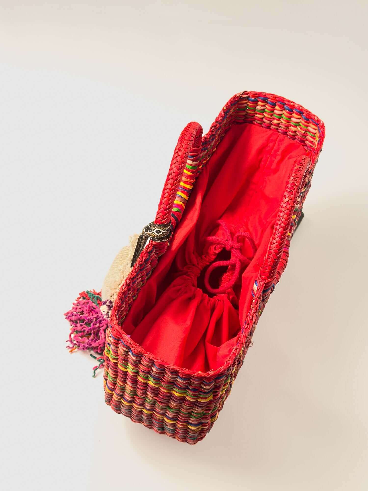 Inside Gran Fiesta reed tote with drawstring closure - designer market bag |Red Marbled