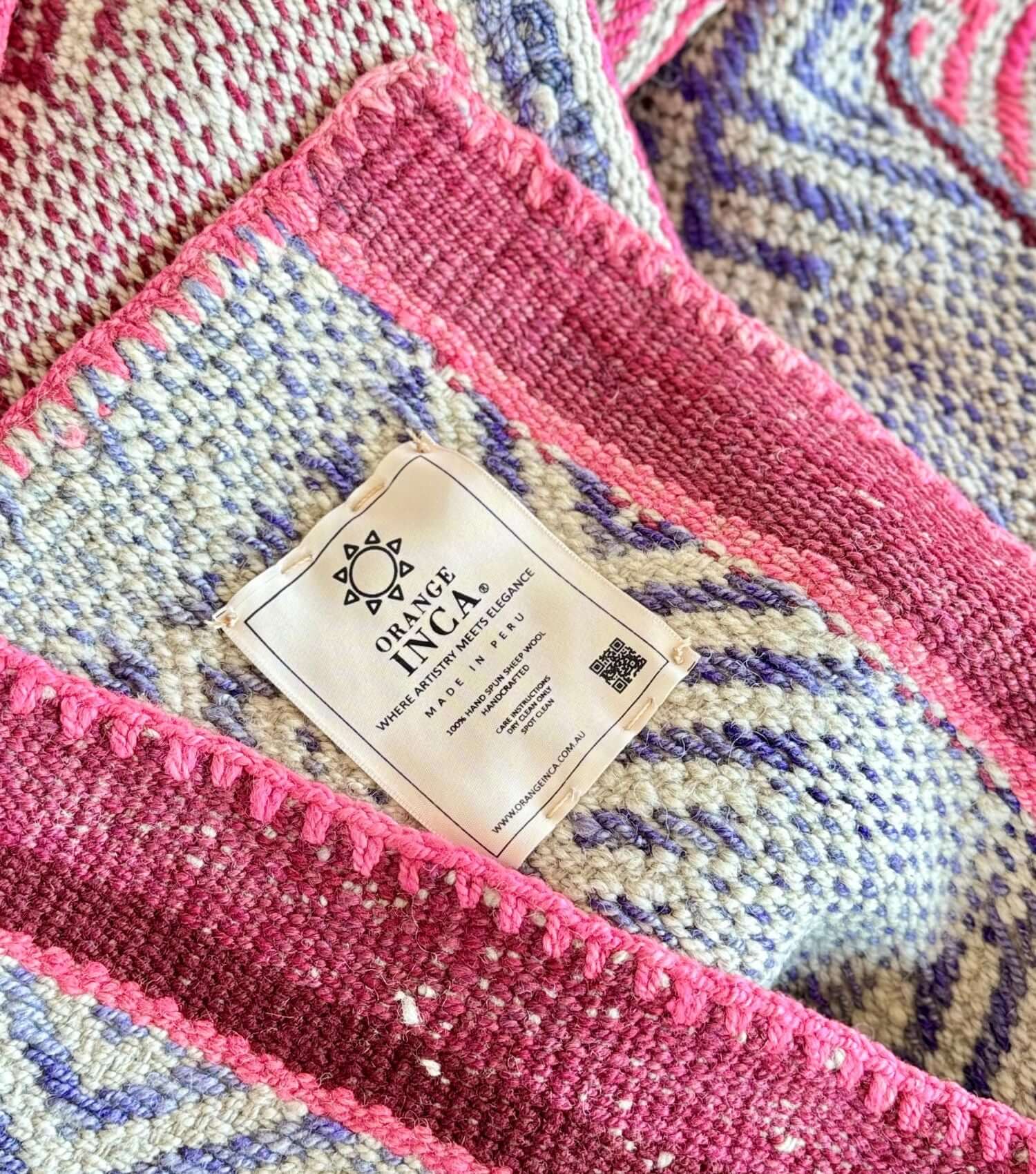 Peruvian frazada No. 13 — handwoven sheep wool, washed blue and pink, 156×141cm | Orange Inca