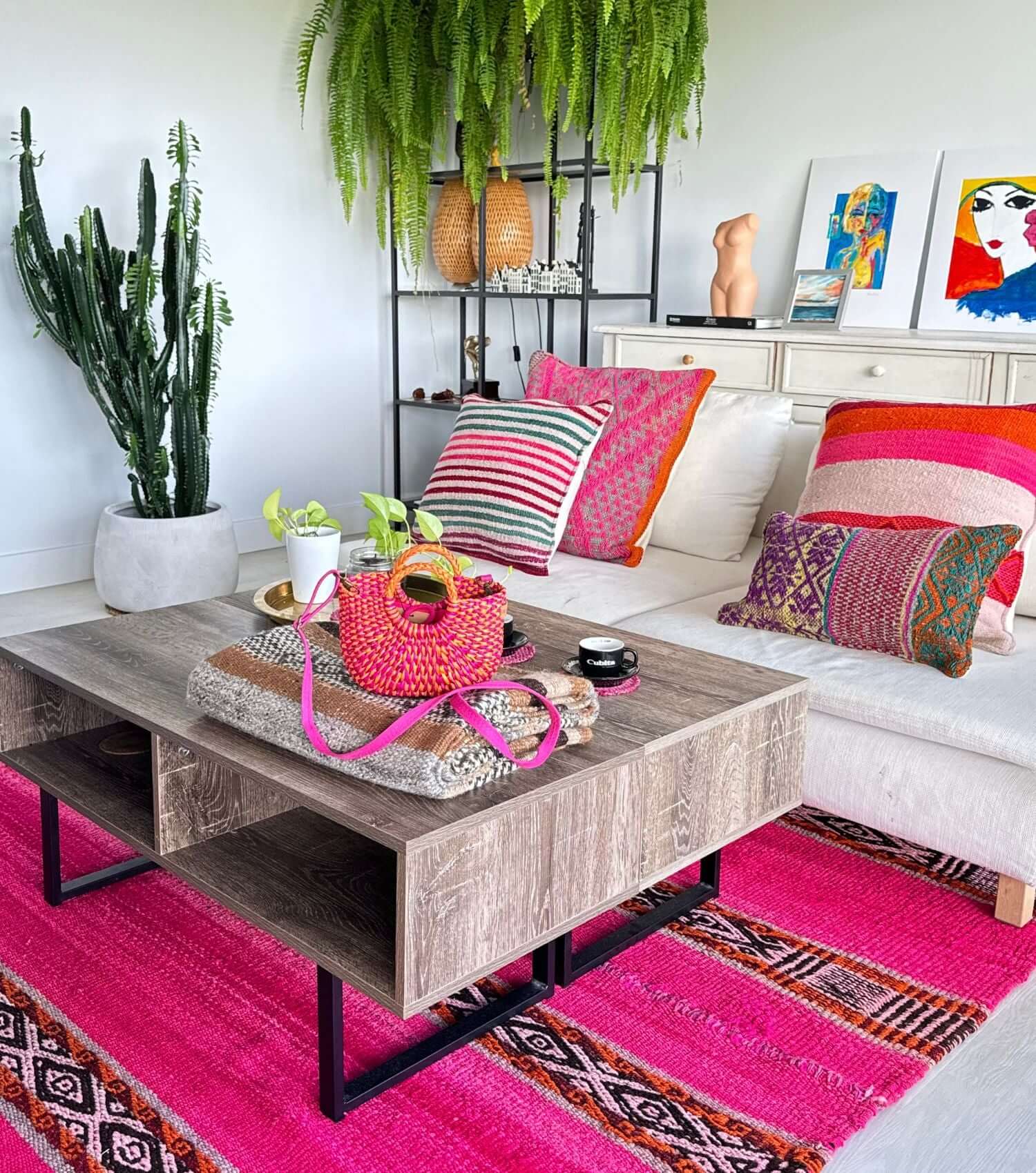 Peruvian wool throw no 1 styled as living room rug showing bohemian fuchsia and brown