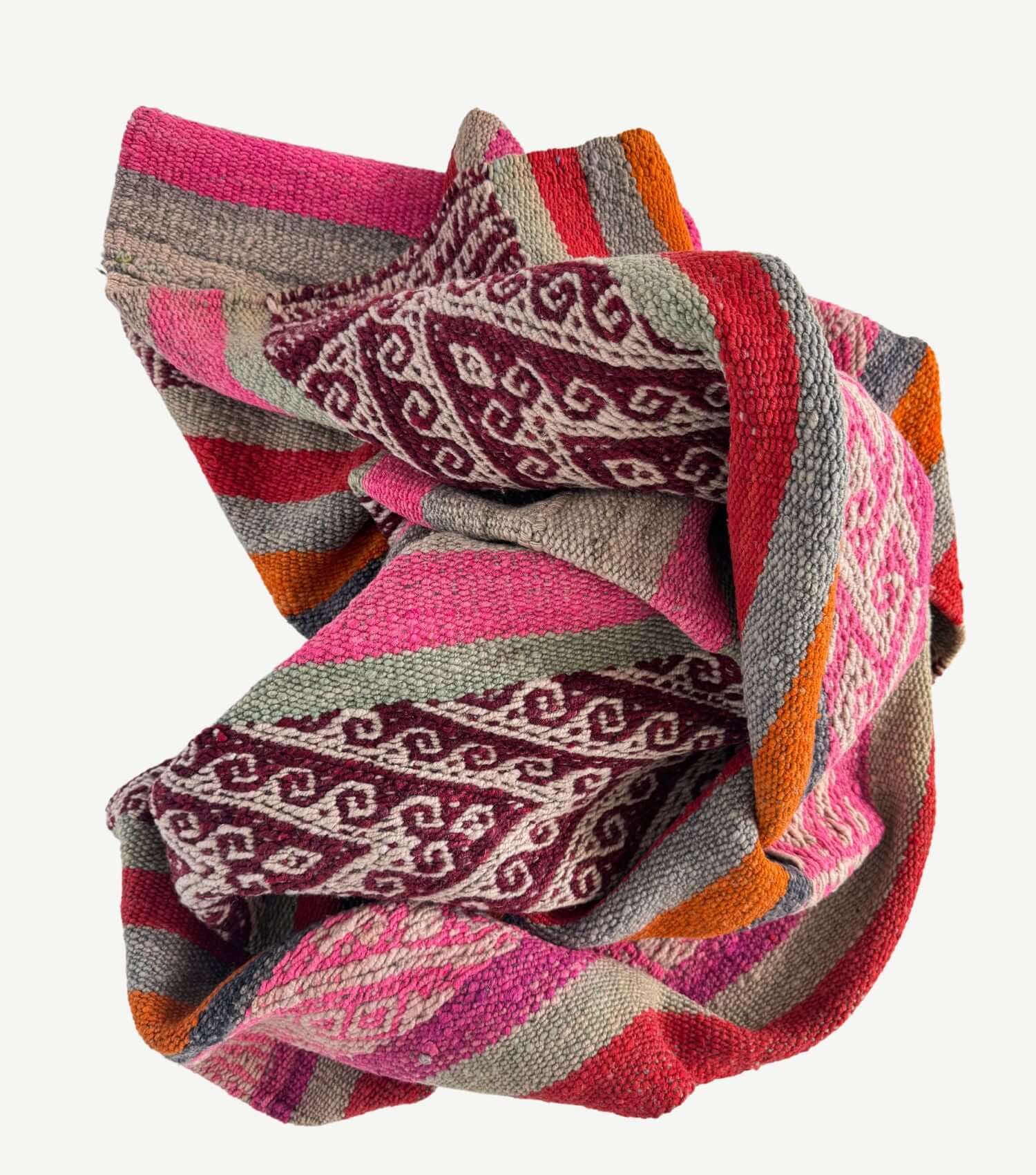 Handwoven Peruvian wool throw no 20 in washed blue, pink, orange, and burgundy - traditional textile art by Orange Inca