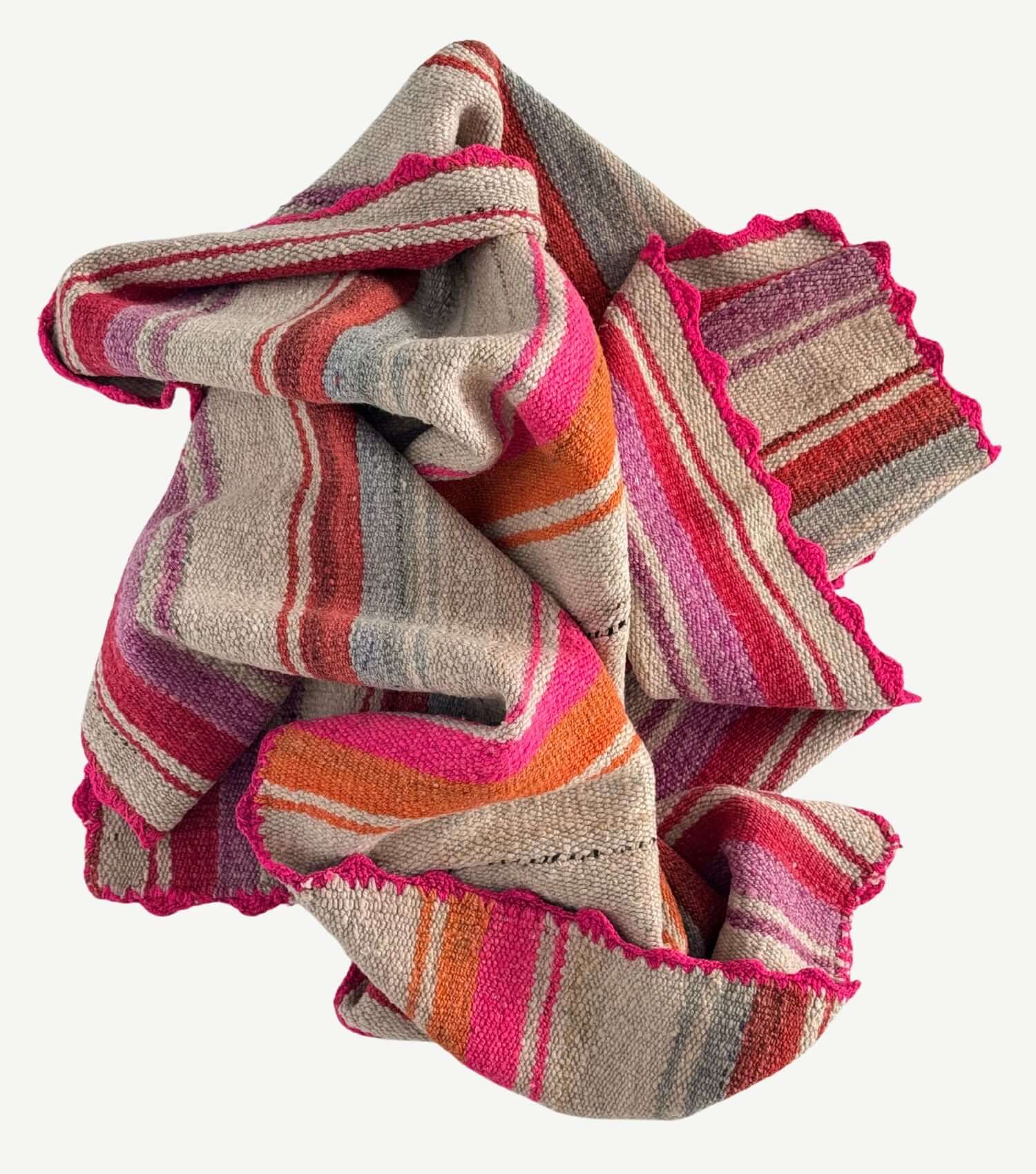 Peruvian frazada No. 2 — handwoven sheep wool, washed pink, orange and earthy tones, 175×127cm | Orange Inca
