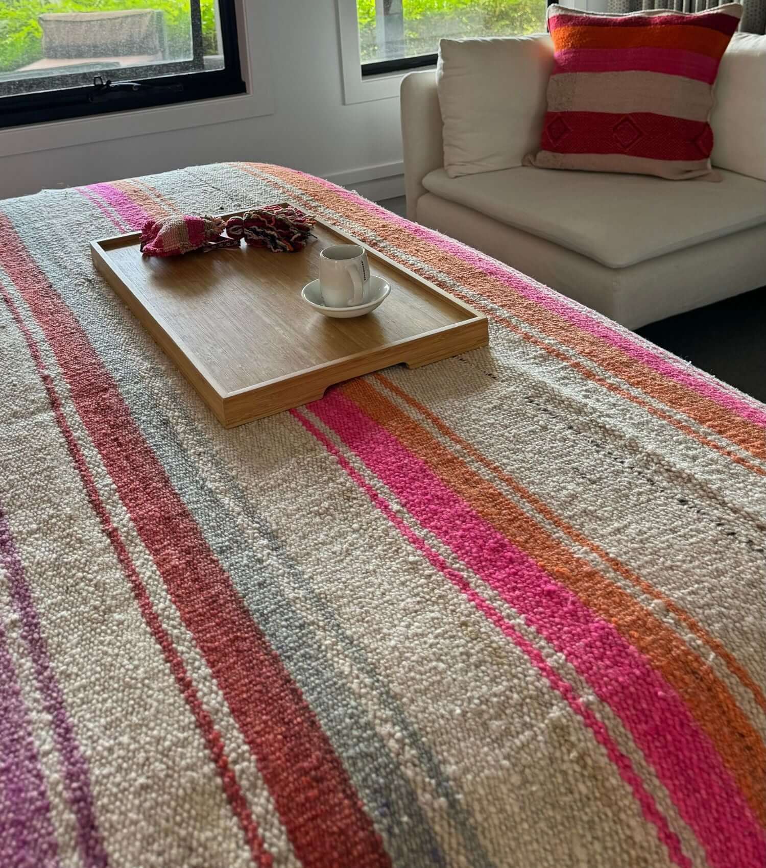 Peruvian frazada No. 2 as bedroom throw — handwoven sheep wool, 175×127cm | Orange Inca