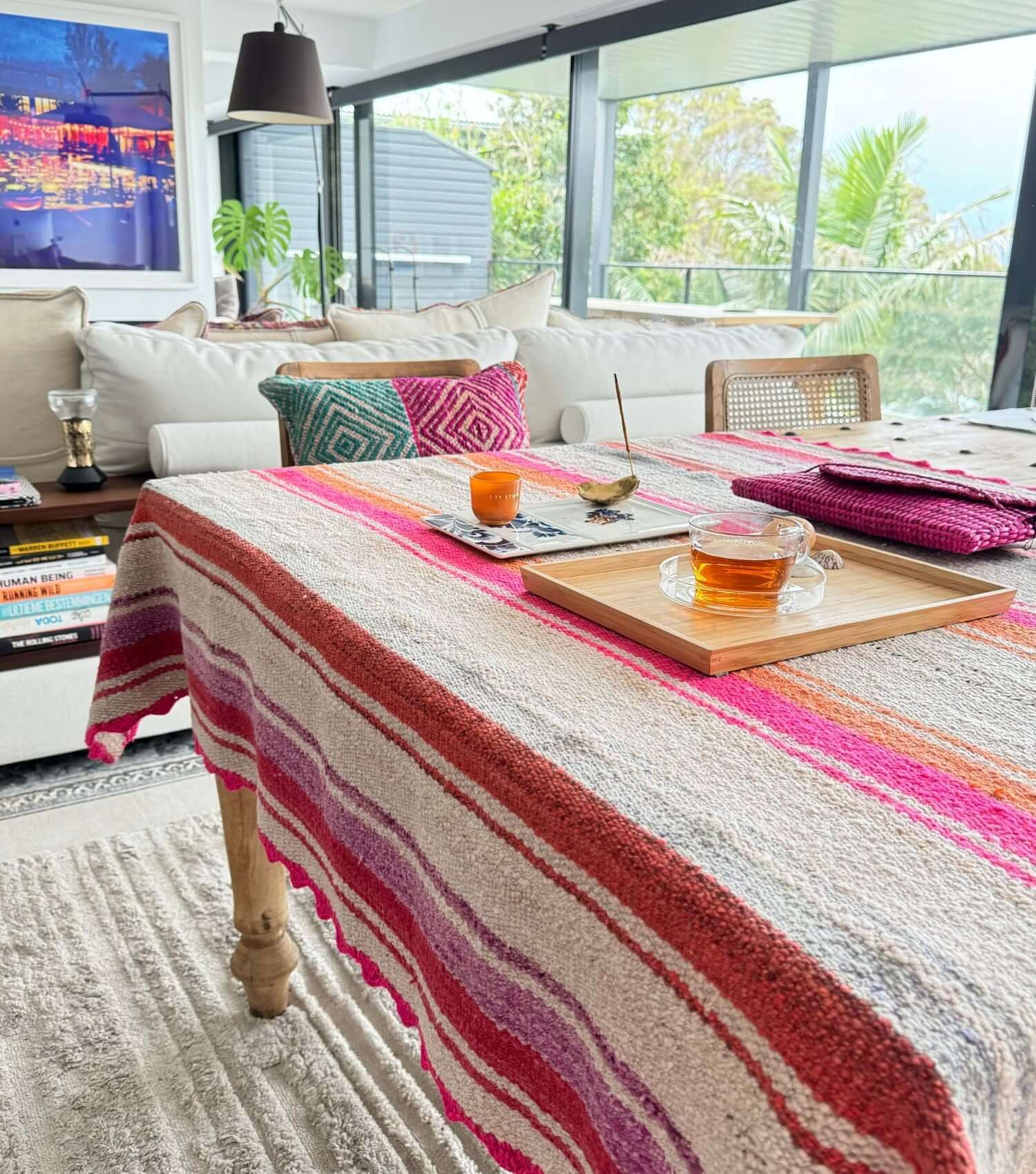 Peruvian frazada No. 2 styled as table cloth — washed pink, orange and earthy tones, handwoven in Peru | Orange Inca