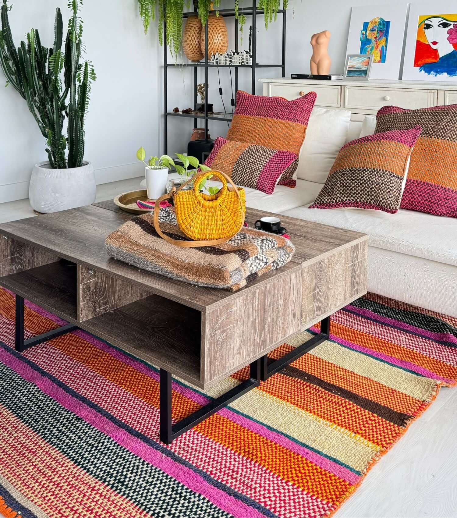 Handwoven ethnic wool blanket no 6 displayed as living room rug showing versatile use and scale