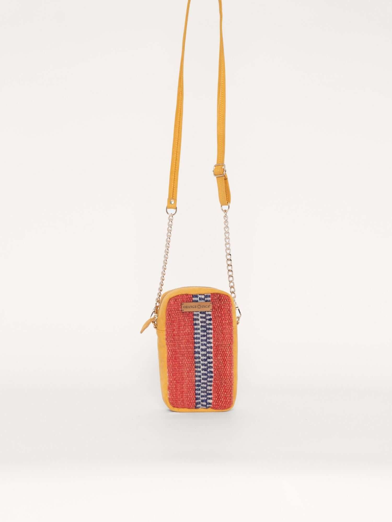 Boho-style wool phone bag hanging from gold chain – handmade mini crossbody purse with yellow suede accents