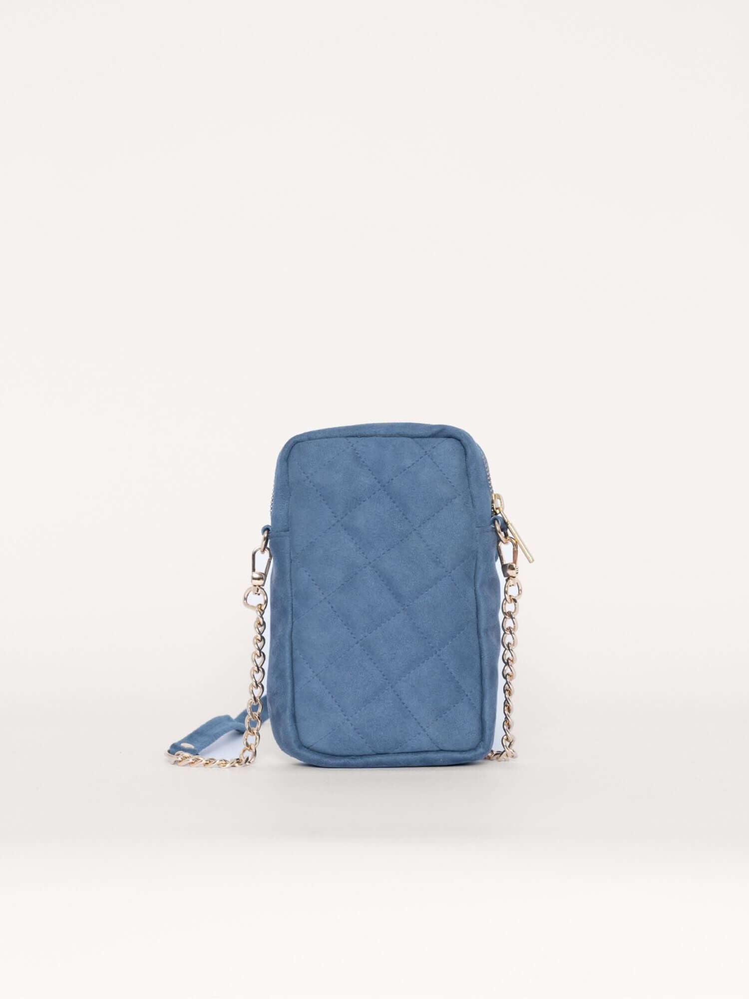 Back of blue suede and wool mobile purse – minimalist and practical design with artisan texture