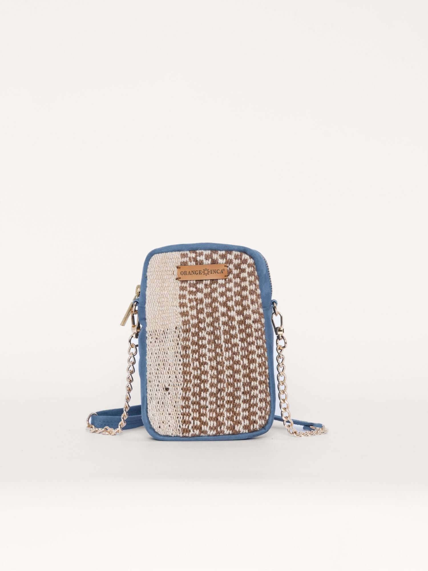 Alpaca wool and blue suede phone bag – mini crossbody crafted by hand with natural fibres and soft lining