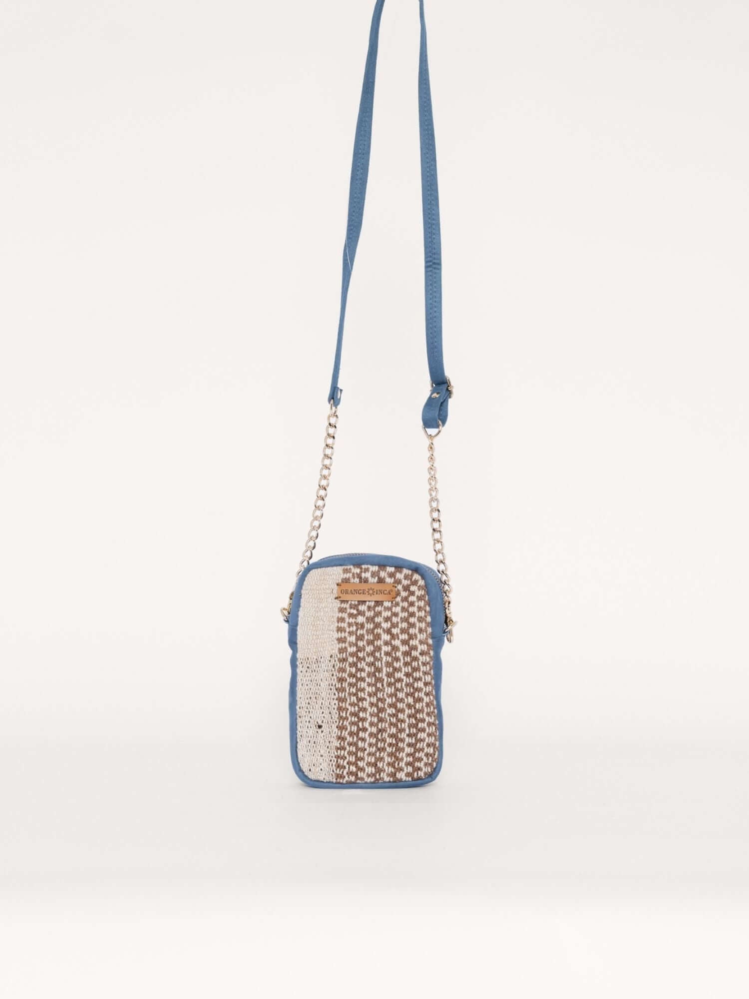 Mini phone wallet bag hanging by gold and suede strap – everyday boho crossbody handmade in Peru