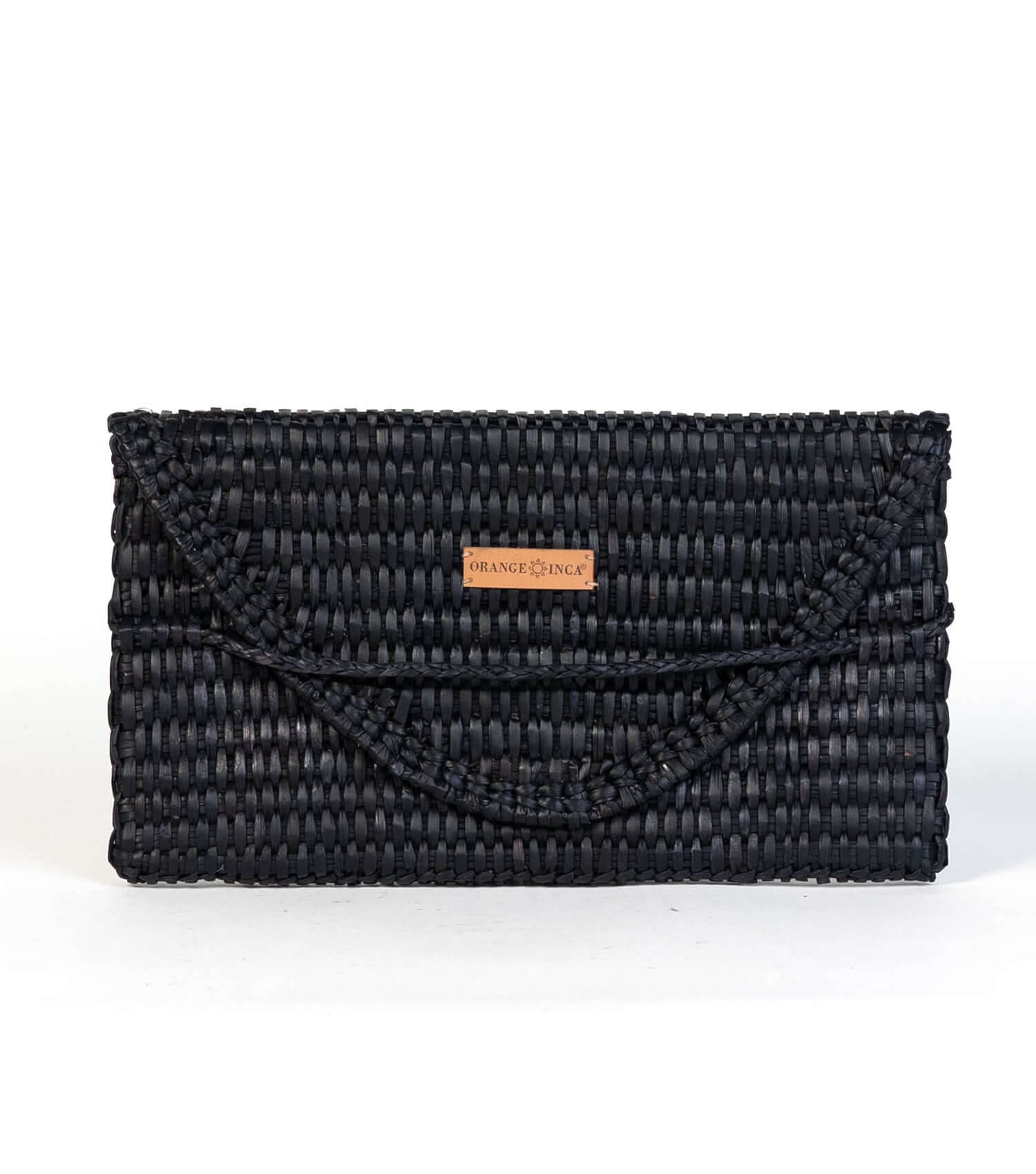 Black handwoven straw envelope clutch by Orange Inca - sustainable evening bag with natural texture