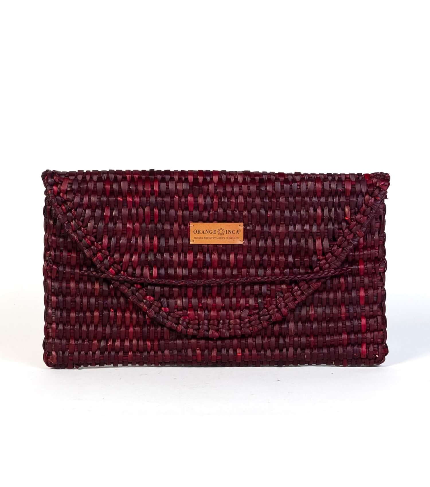 Burgundy handwoven straw envelope clutch by Orange Inca - sustainable evening bag with natural texture