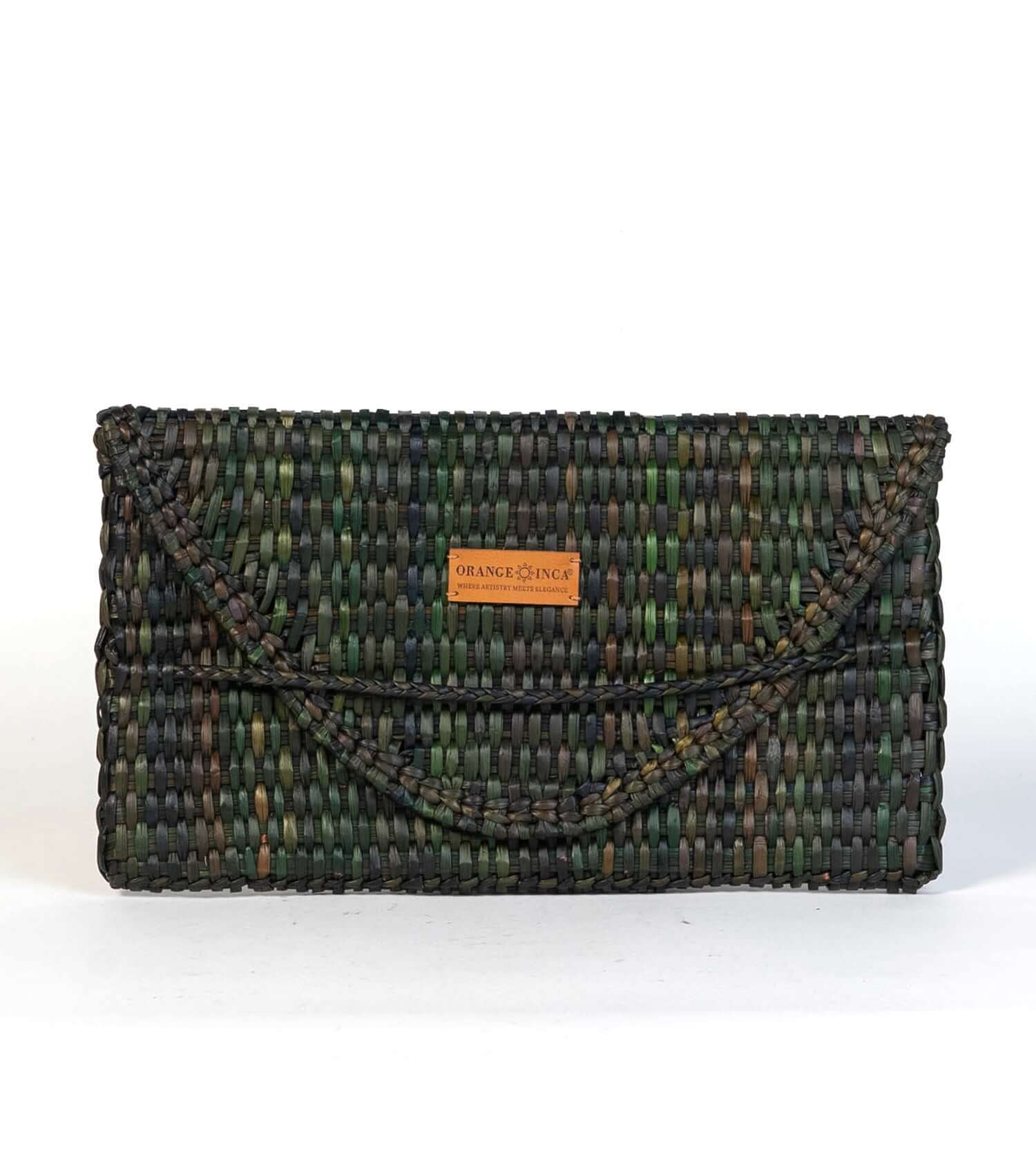 Dark Green handwoven straw envelope clutch by Orange Inca - sustainable evening bag with natural texture