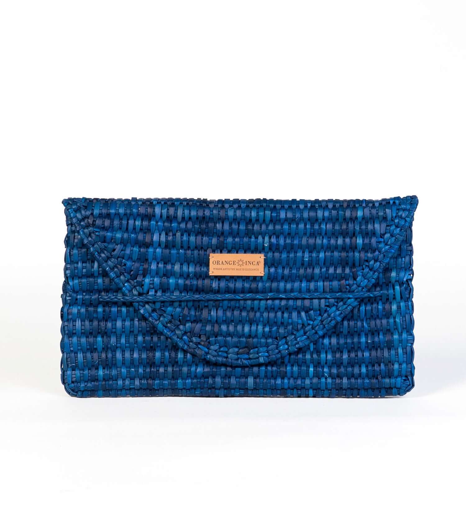 Electric Blue handwoven straw envelope clutch by Orange Inca - sustainable evening bag with natural texture