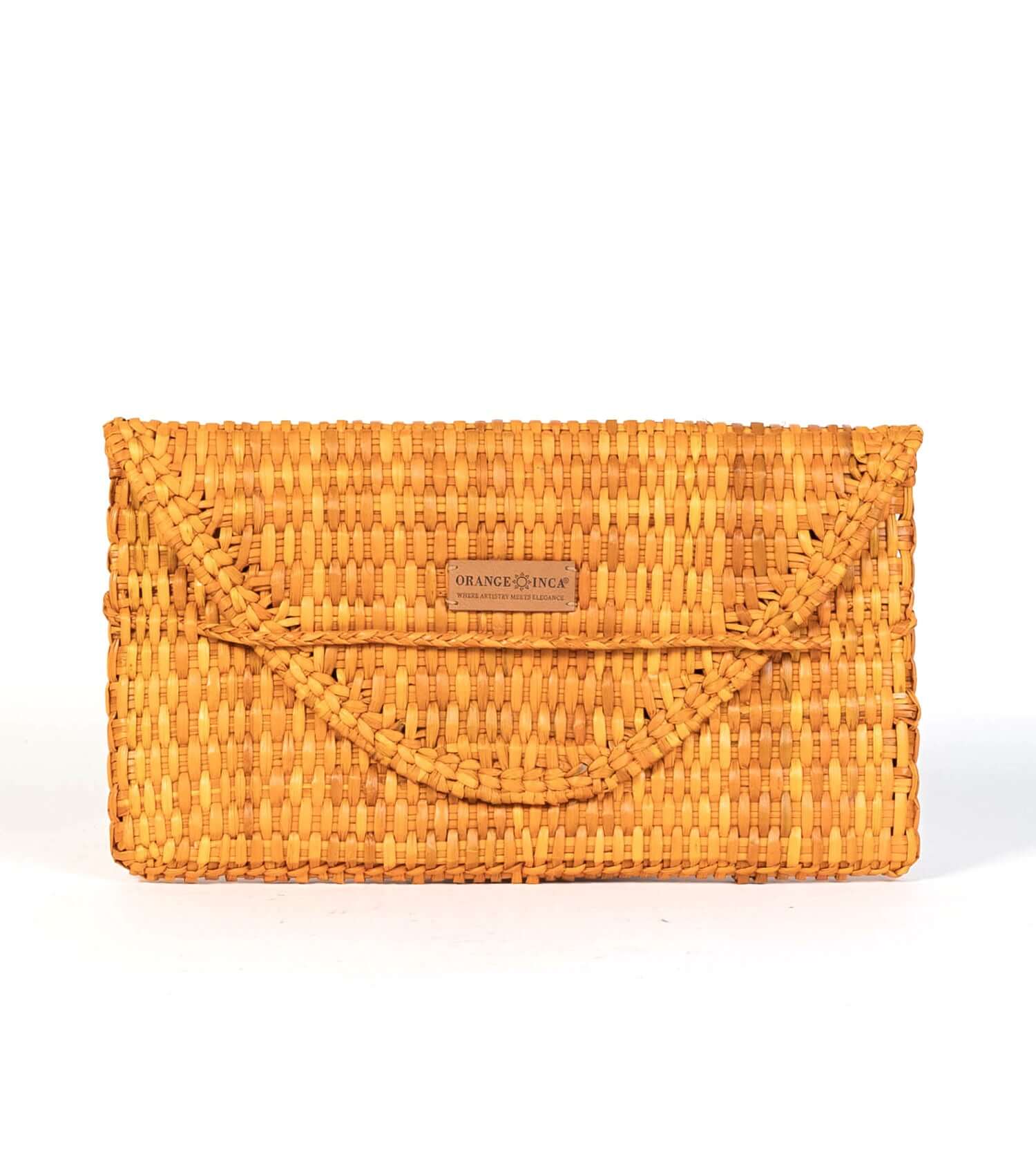 Yellow handwoven straw envelope clutch by Orange Inca - sustainable evening bag with natural texture