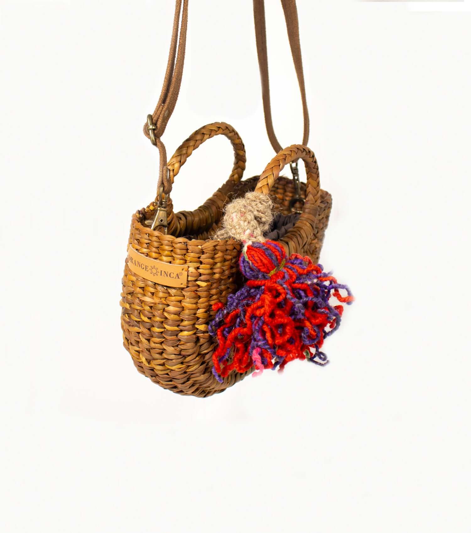 Fiesta Mini woven straw crossbody bag in brown – handmade in Peru | Orange Inca