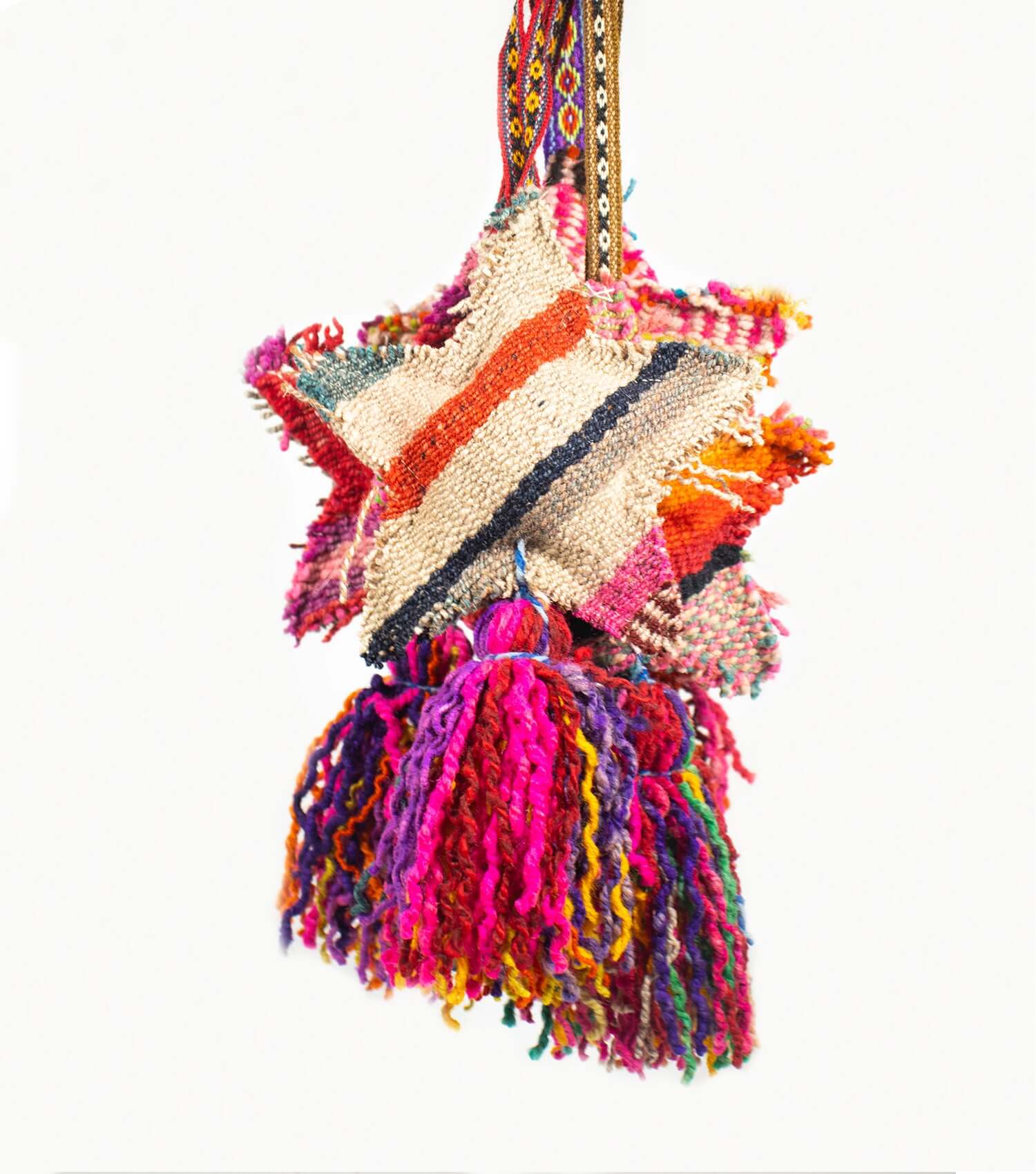 Bohemian wool star tassel styled as door decor showing size and hanging detail