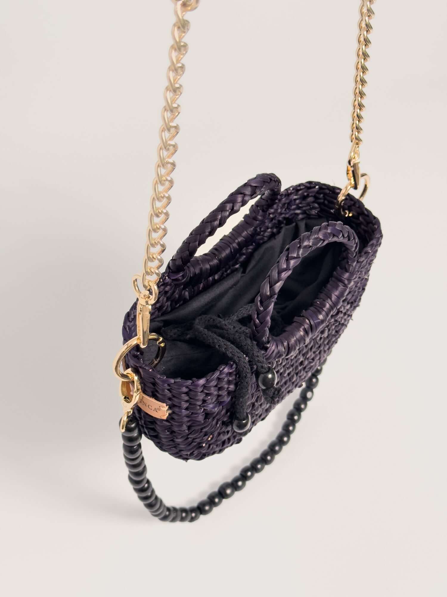 Inside Fiesta Mini reed crossbody bag with premium drawstring closure |Black