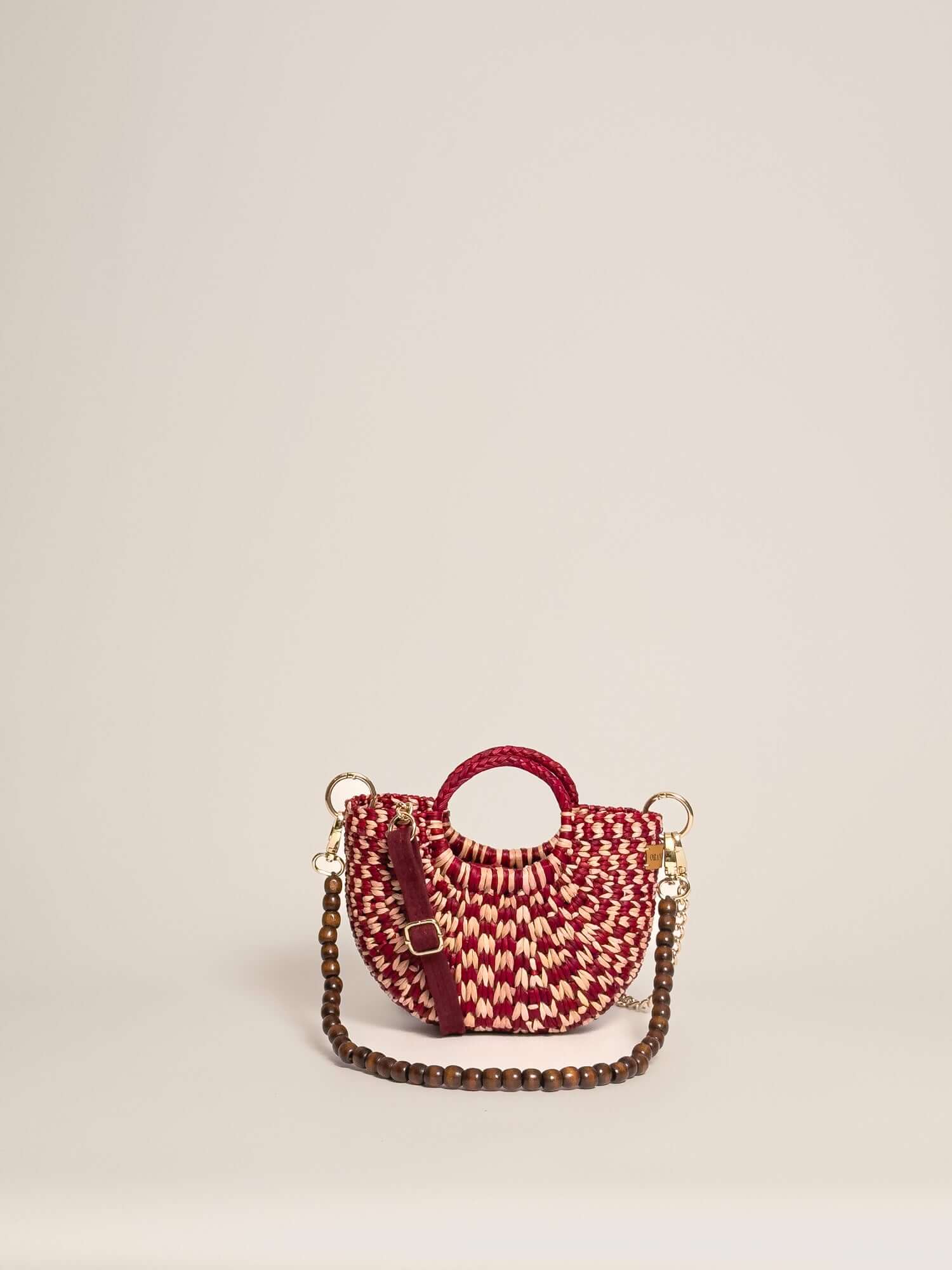 Designer straw crossbody bag by Orange Inca - summer mini purse | Checkered Burgundy