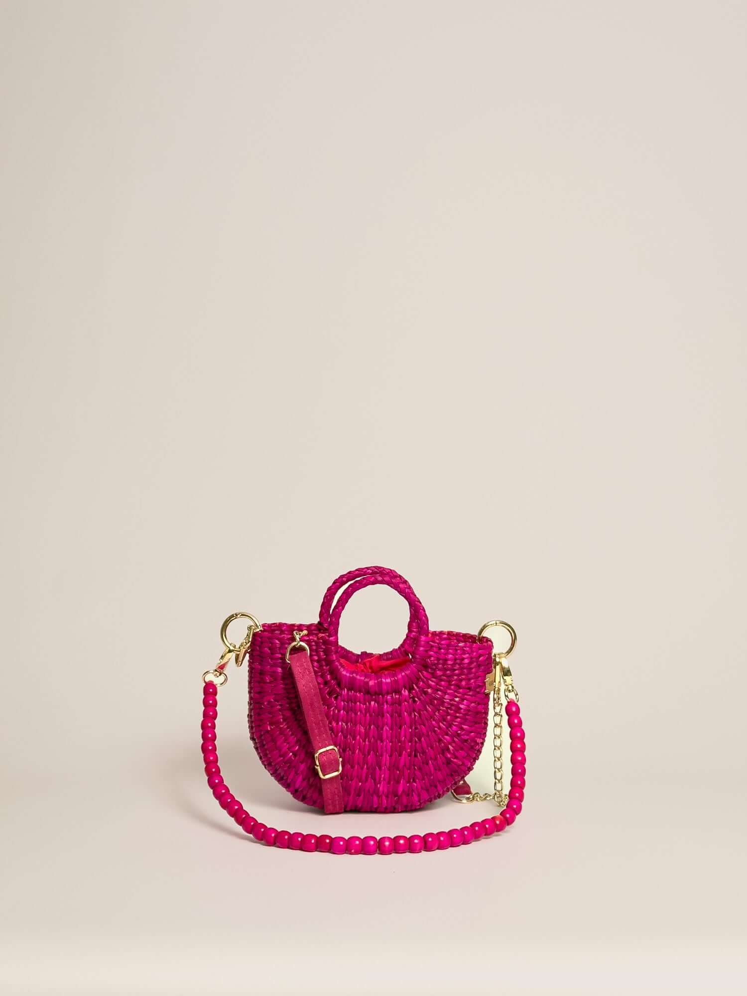 Designer straw crossbody bag by Orange Inca - summer mini purse | Fuchsia