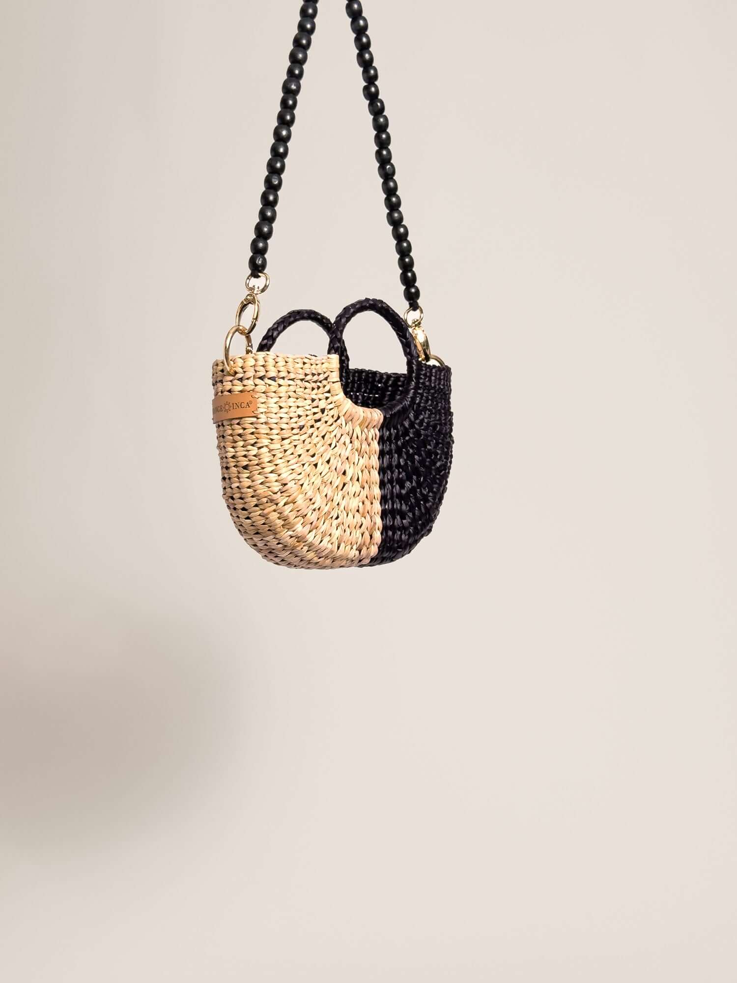 Designer mini crossbody with wooden beads strap | Half Black Half Natural