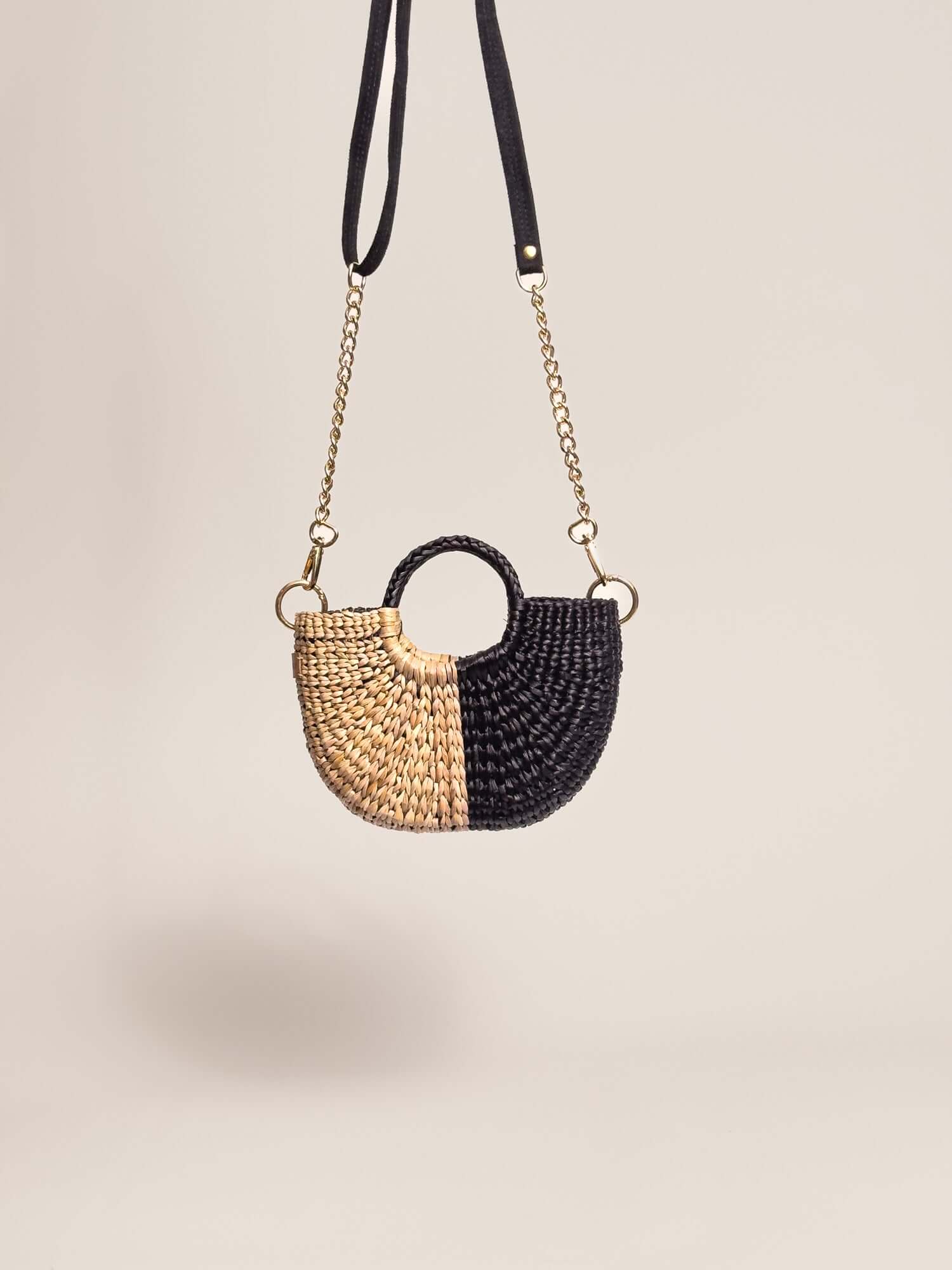 Orange Inca everyday mini bag w removalble straps | Half Black Half Natural