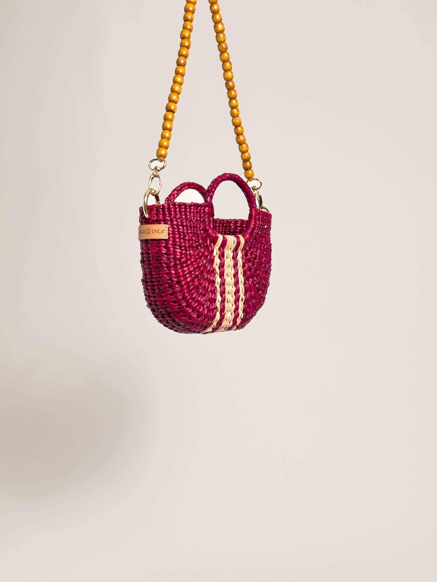 Designer mini crossbody with wooden beads strap | Striped Burgundy
