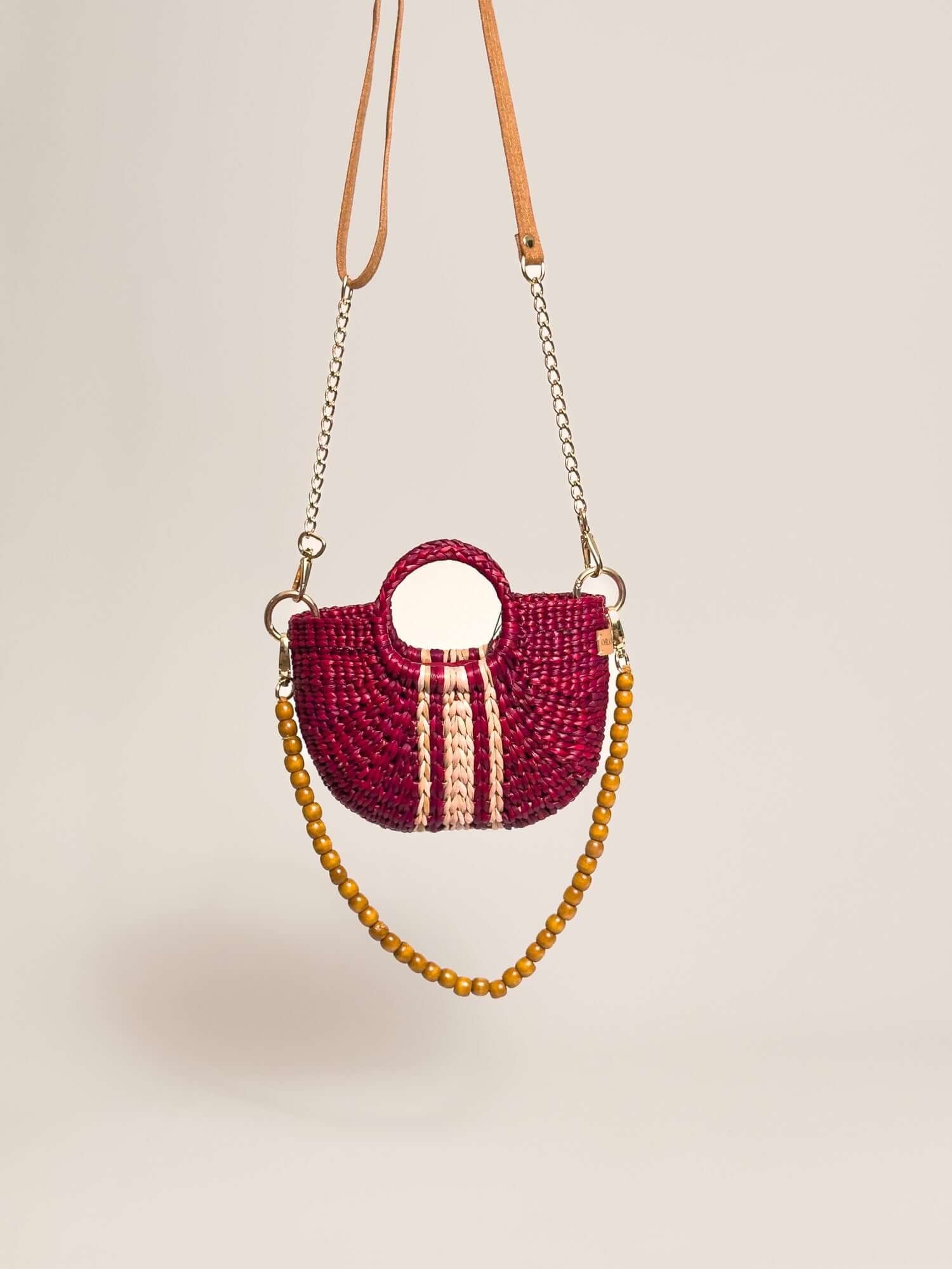 Handwoven straw crossbody bag w removable straps | Striped Burgundy