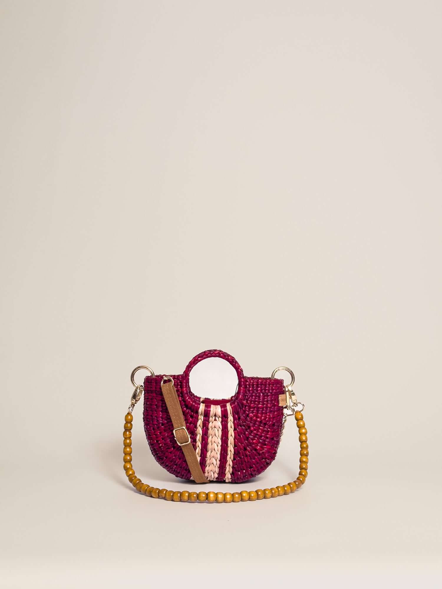 Designer straw crossbody bag by Orange Inca - summer mini purse | Striped Burgundy