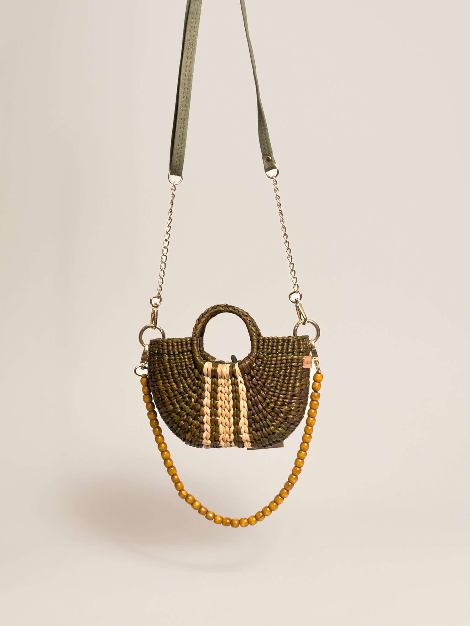 The Fiesta Mini Deluxe - Olive Green with Natural Band, handwoven junco crossbody bag with natural fibre handbag features.