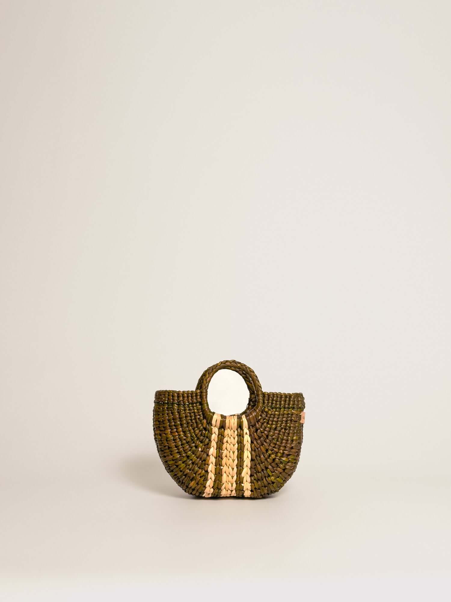 The Fiesta Mini Deluxe - Olive Green with Natural Band, handwoven junco crossbody bag, natural fibre handbag, with two handles.