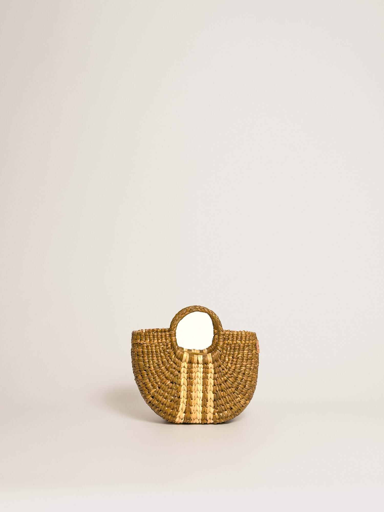 The Fiesta Mini Deluxe - Sage with Natural Band, handwoven junco crossbody bag, natural fibre handbag, round handle, straw material.