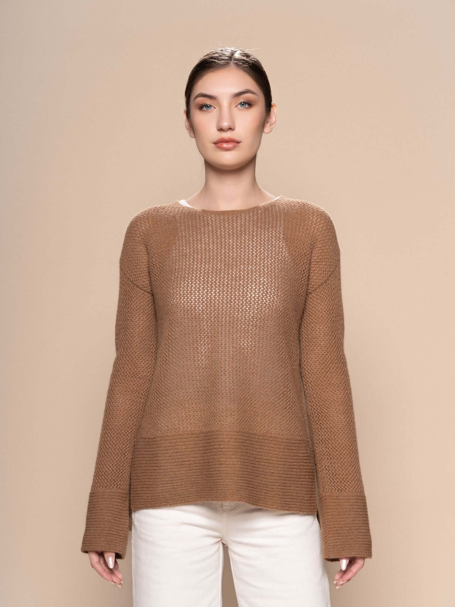 Camel open weave baby alpaca jumper – lightweight and breathable | Orange Inca