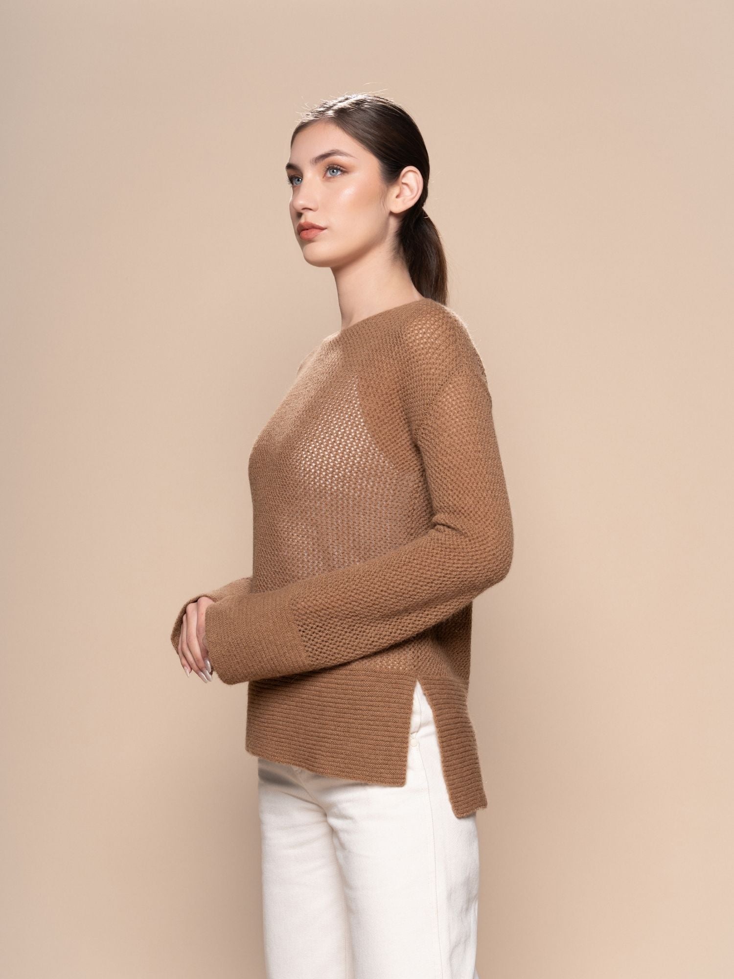 Alpaca Open Work Knit Sweater - Camel