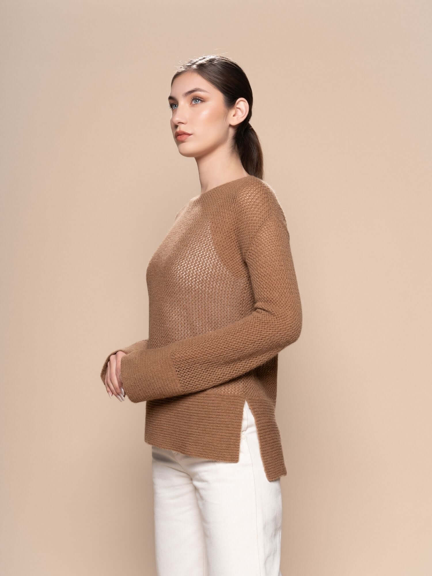 Camel open weave baby alpaca jumper side view – relaxed fit, natural knitwear | Orange Inca