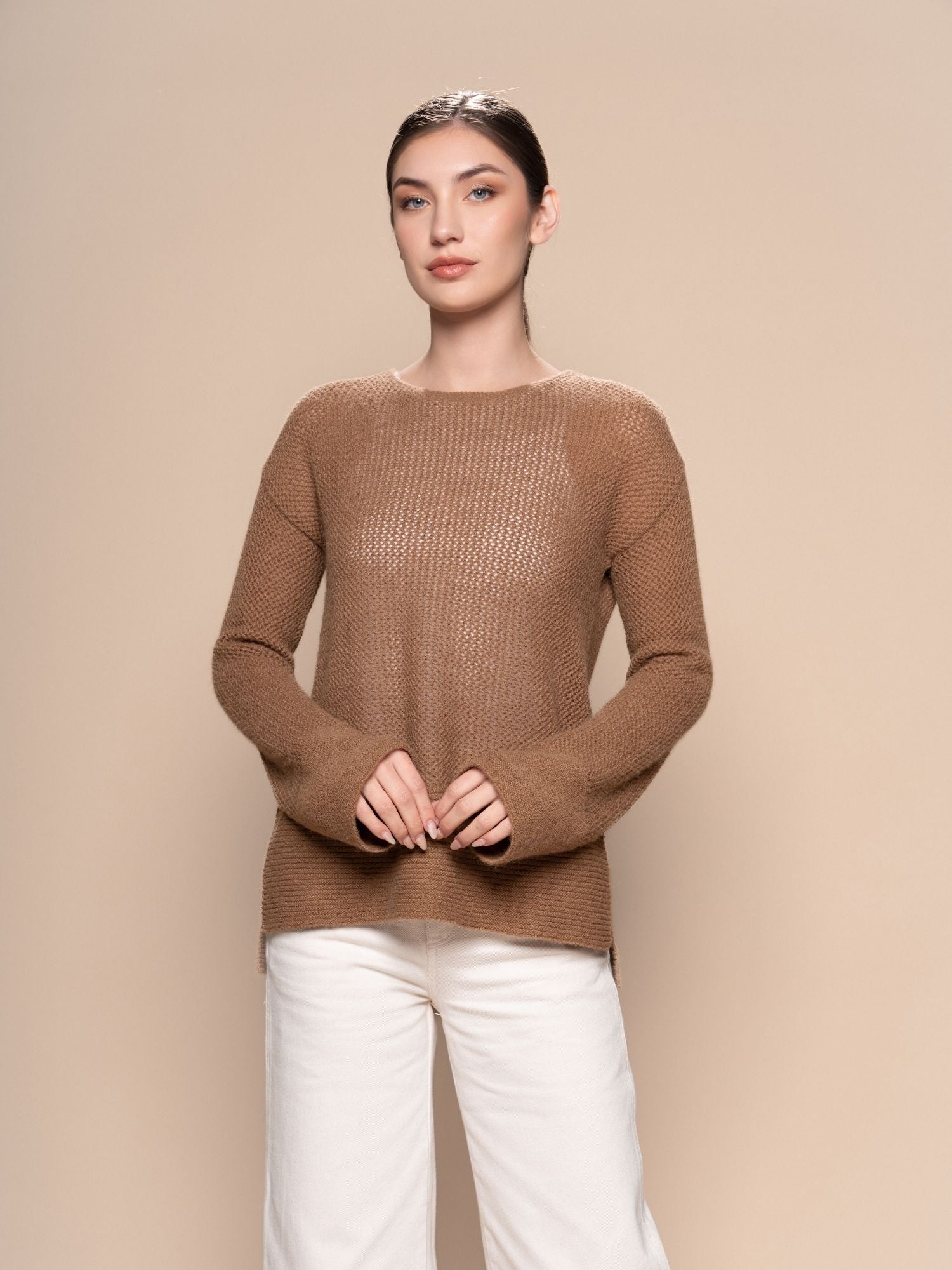 Alpaca Open Work Knit Sweater - Camel