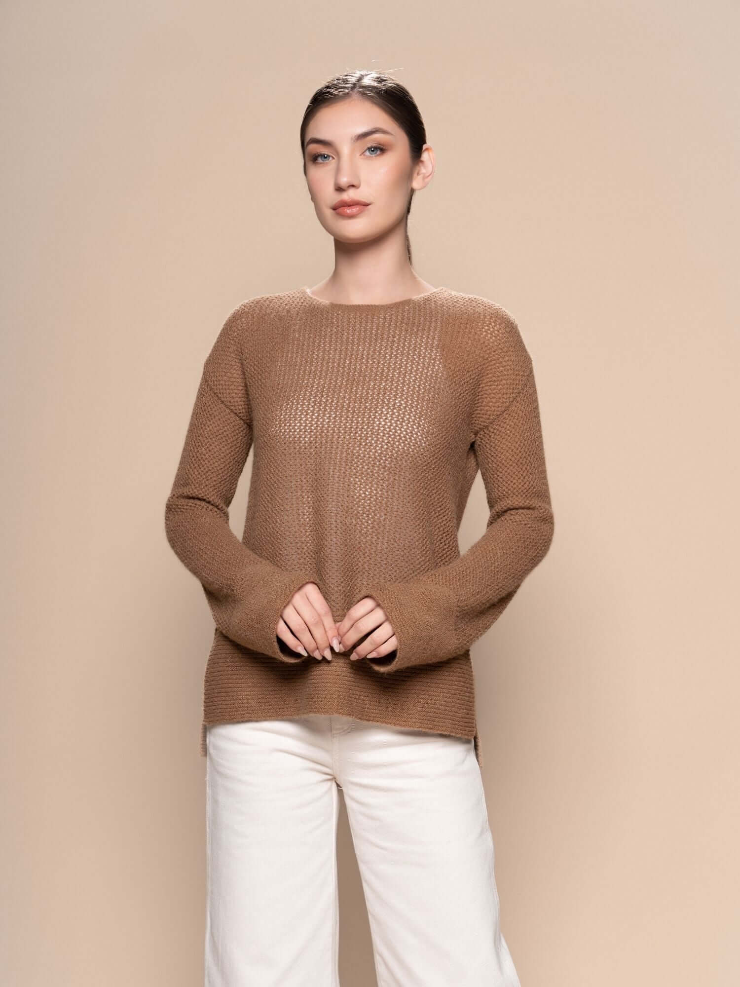 Camel open weave baby alpaca jumper styled – year-round natural knitwear | Orange Inca
