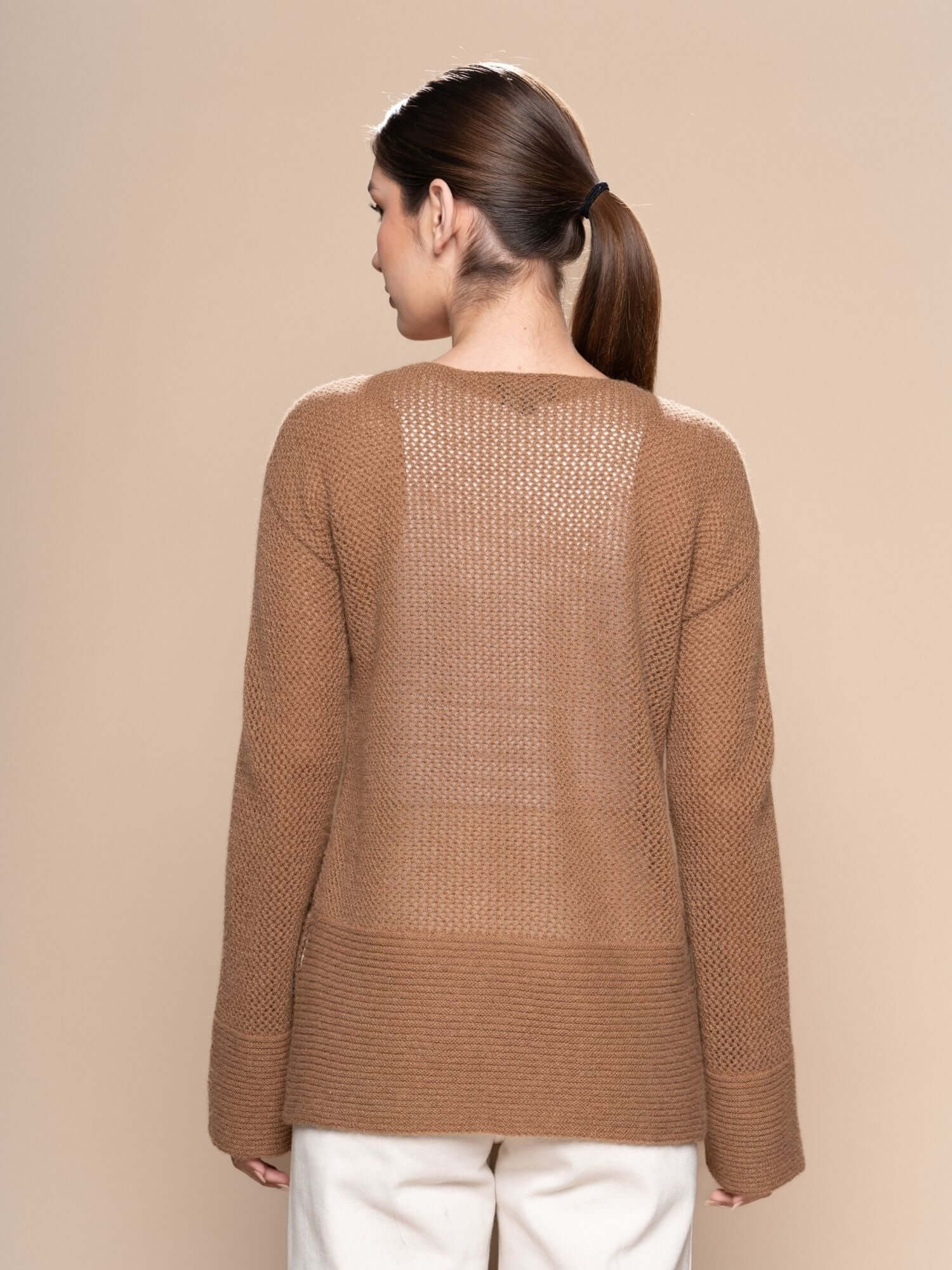 Camel open weave baby alpaca jumper – softer than cashmere, handmade in Peru | Orange Inca