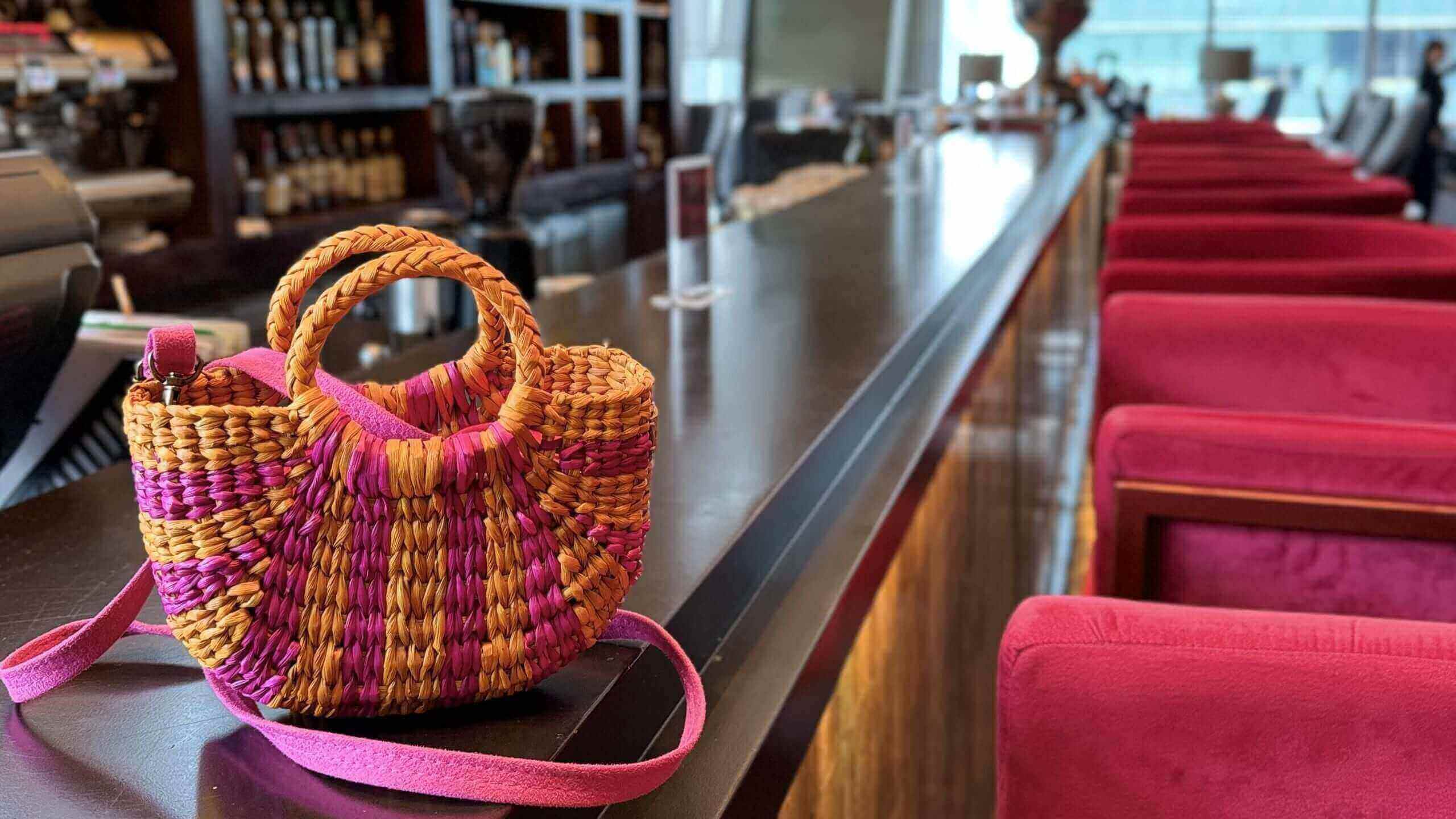 Fiesta Mini Crossbody Straw Bag | Resort Evening Statement Handbag | Fuchsia and Orange Stripes