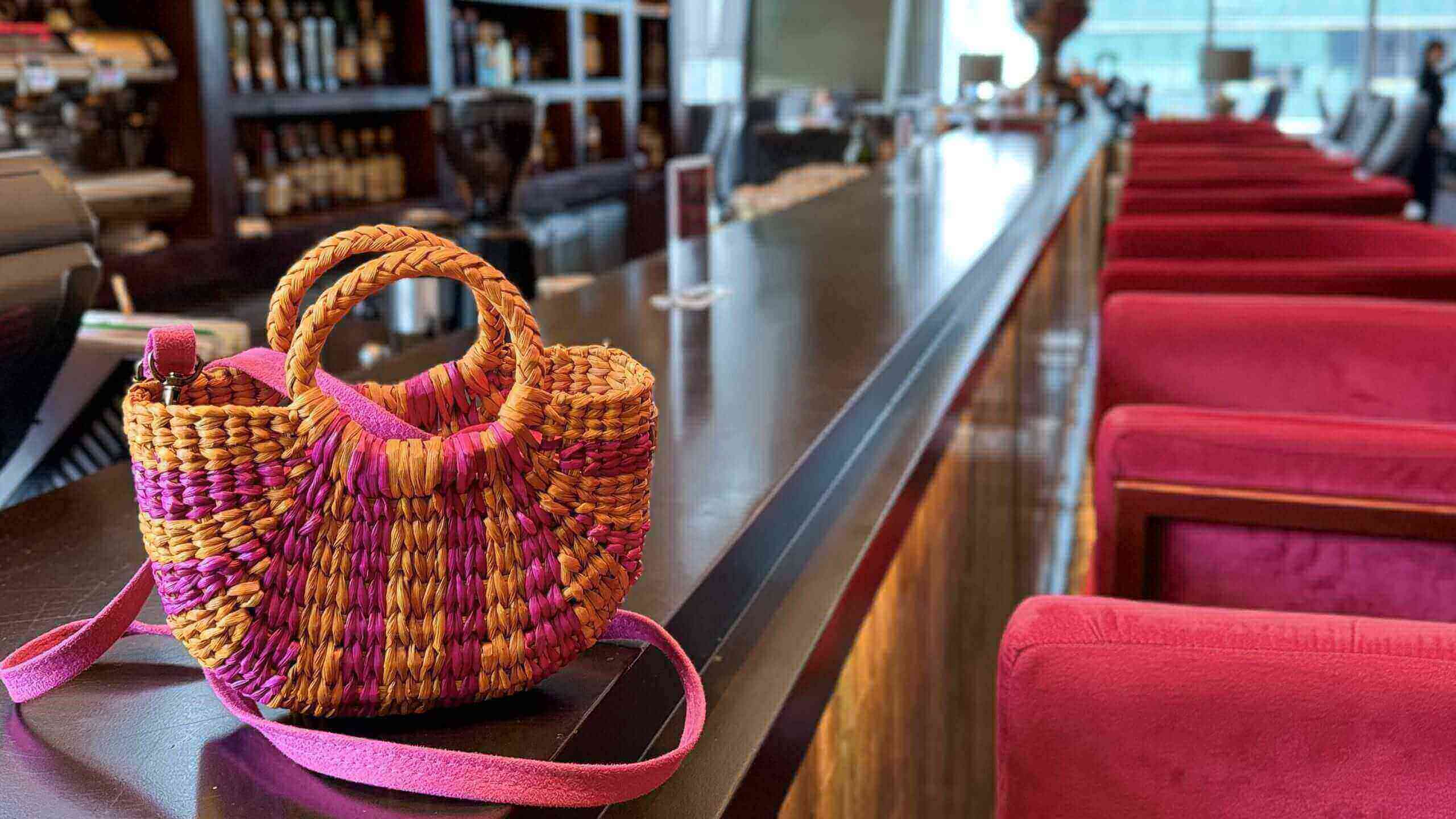 Fiesta Mini Crossbody Straw Bag | Resort Evening Statement Handbag | Fuchsia and Orange Stripes