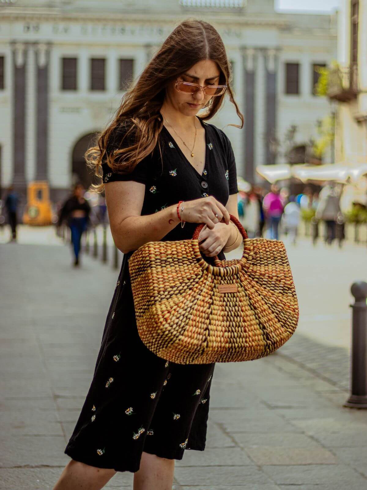 Handwoven Tote Beach Bag in Brown | Straw Bag | Orange Inca
